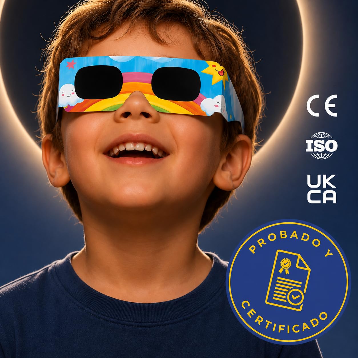 Medical king Gafas Eclipse Solar Homologadas ISO 12312-2 - Viene Con 2 Lentes Fotográficos Para Smartphone Aprobados según la norma ISO, con certificación CE: Gafas para ver eclipses solar 2026