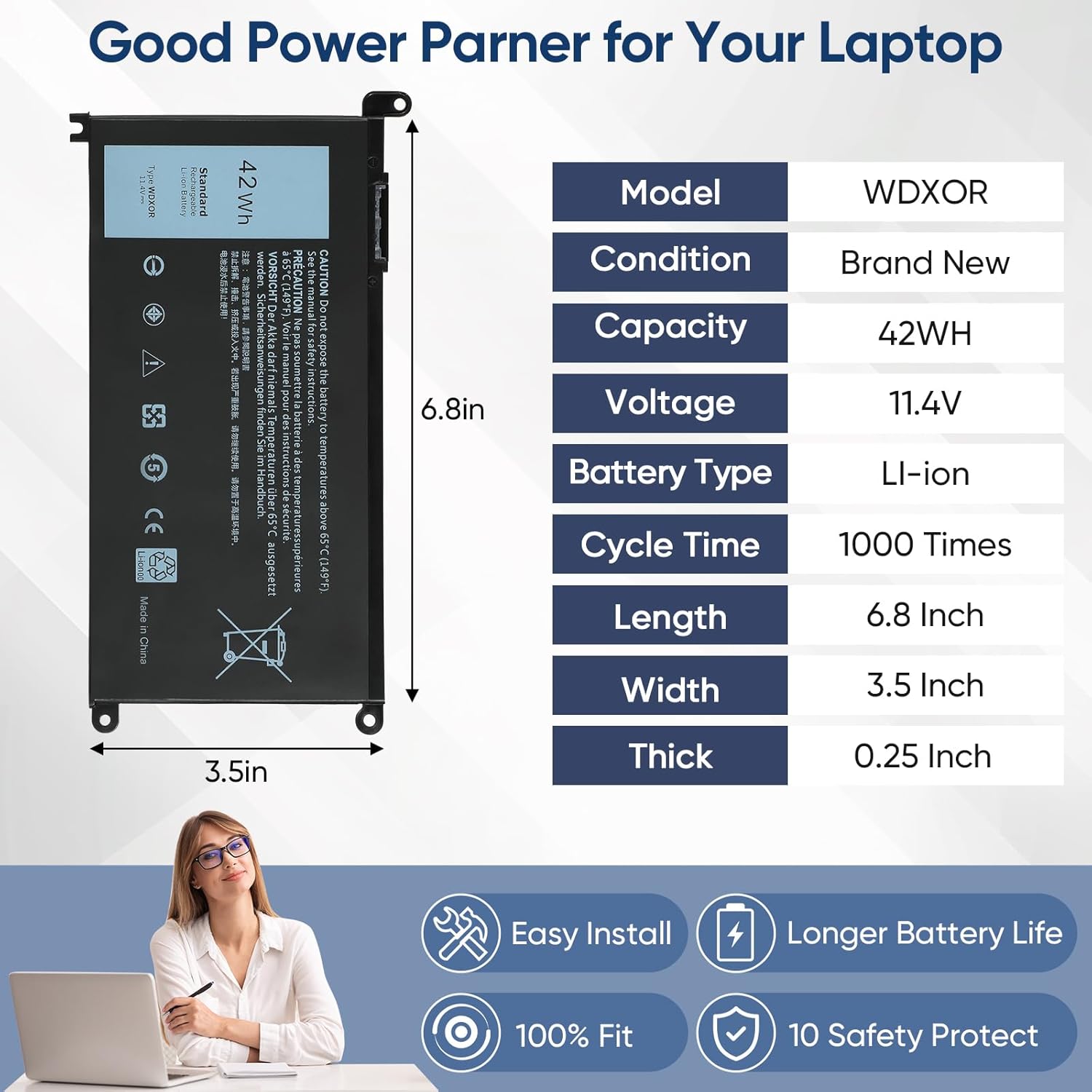 42WH WDX0R Replacement Laptop Battery for Dell Inspiron 13 15 5000 7000 Series 5567 5570 7378 7573 7579 5565 5379 5378 Latitude 3390 3190 Vostro 5468 5568 P69G P58F 3CRH3 11.4V