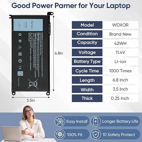 Miniatura 7 de 42WH WDX0R - Batería de repuesto para laptop Dell Inspiron 13 15 5000 7000 Series 5567 5570 7378 7573 7579 5565 5379 5378 Latitude 3390 3190 Vostro