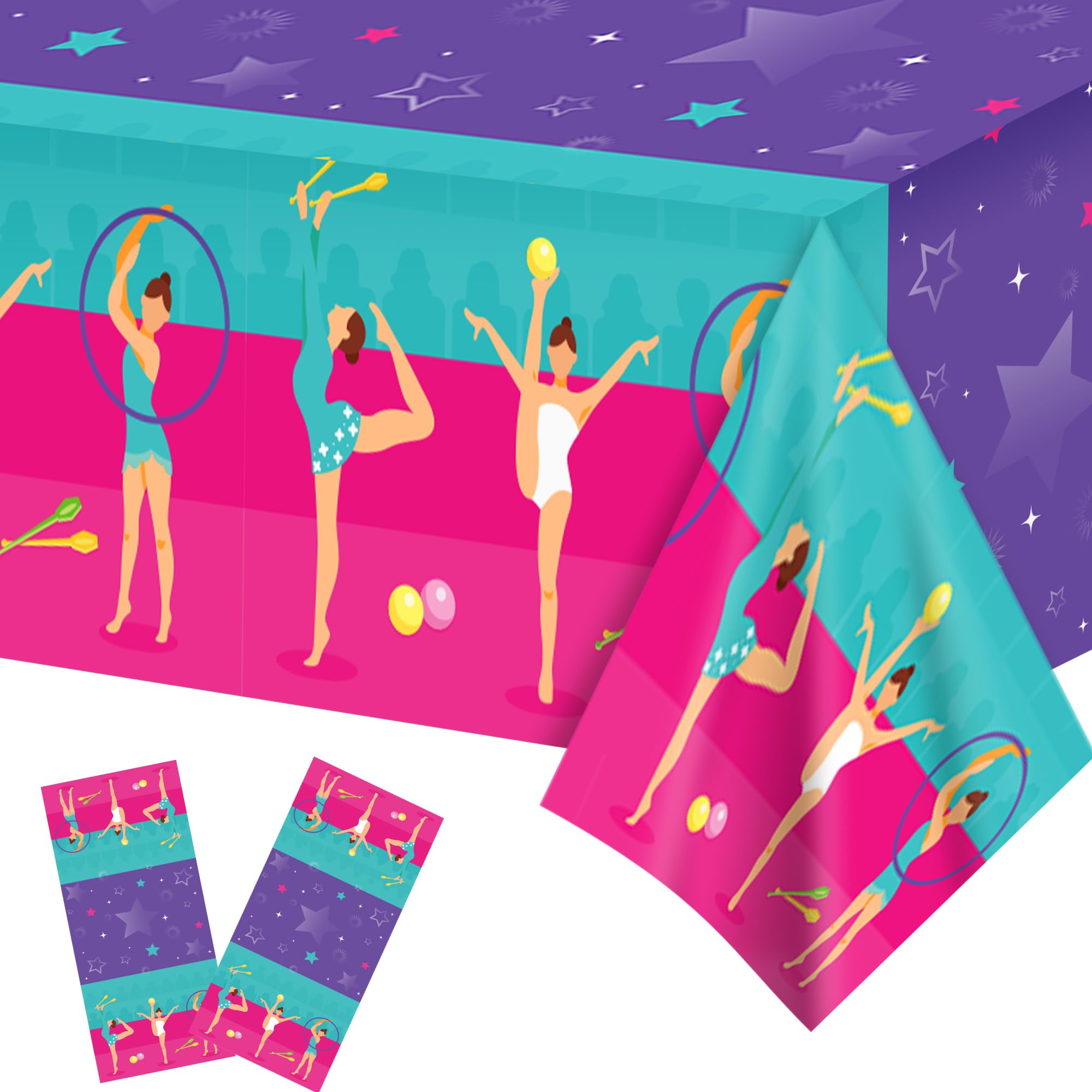 2 Pcs Gymnastics Party Tablecloth, 87" Lx54 W Rectangular Plastic Tablecovers, Gymnastics Theme Birthday Party Supplies Disposable Table Covers for Kids Birthday Gymnastics Birthday Party Decor
