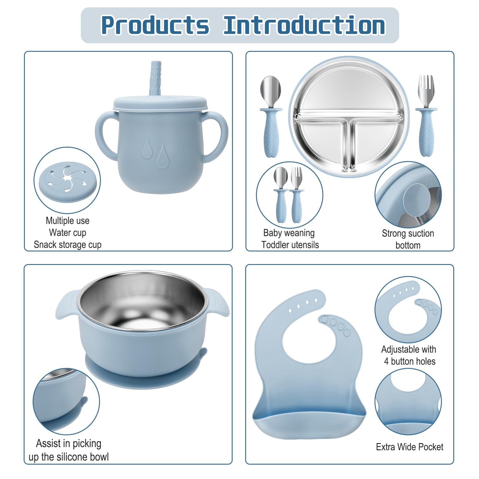 MISSLILI Stainless Steel Kids Plates and Bowls Set with Suction, Divided Baby Plate and Toddler Bowl with Removable Silicone Suction,Stainless Steel Weaning Bundle, Silicone Baby Feeding Set (Blue)