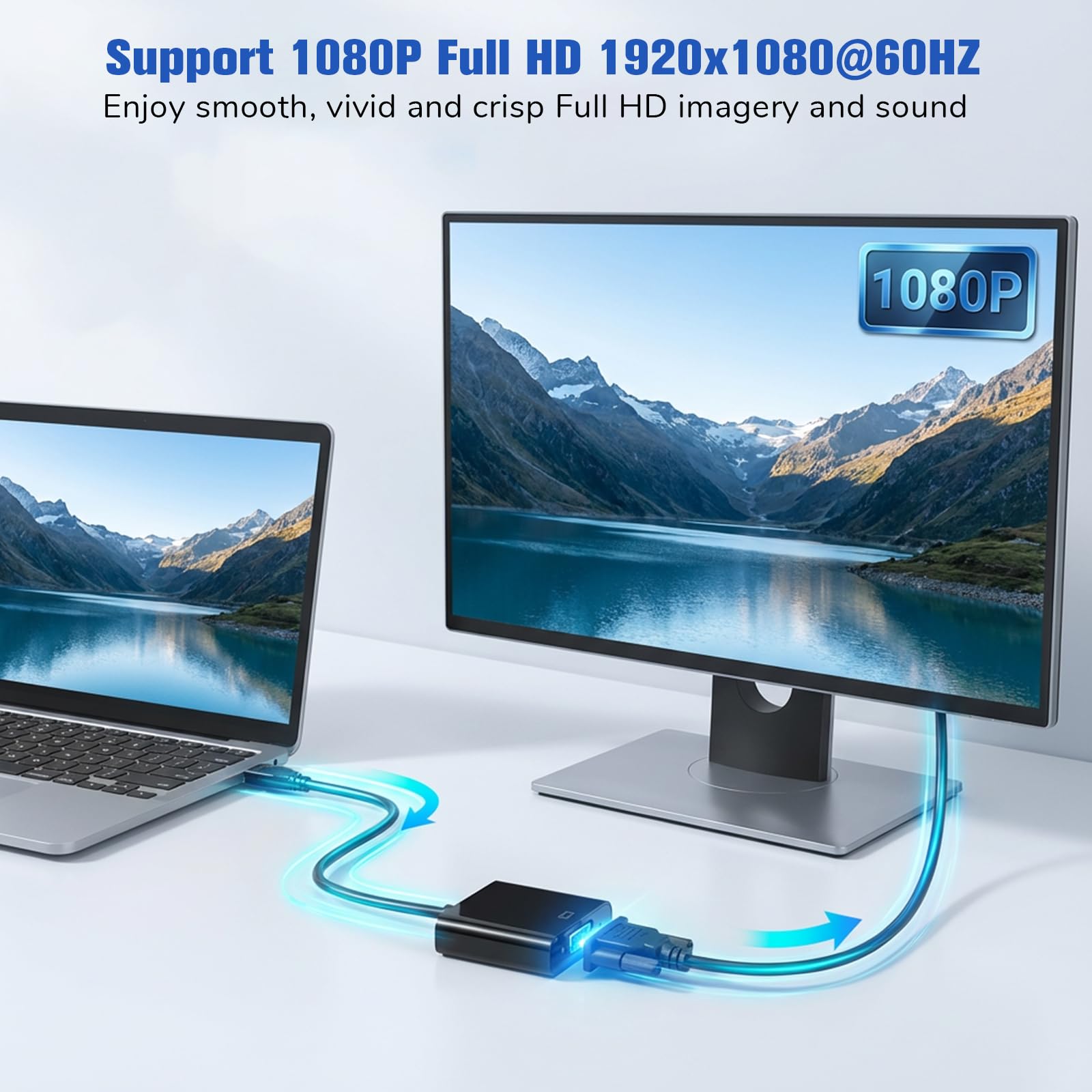 Adattatore da USB a VGA per monitor, convertitore da VGA a USB 3.0/2.0, cavo video multi-display 1080P per laptop, desktop, HDTV, monitor, proiettore