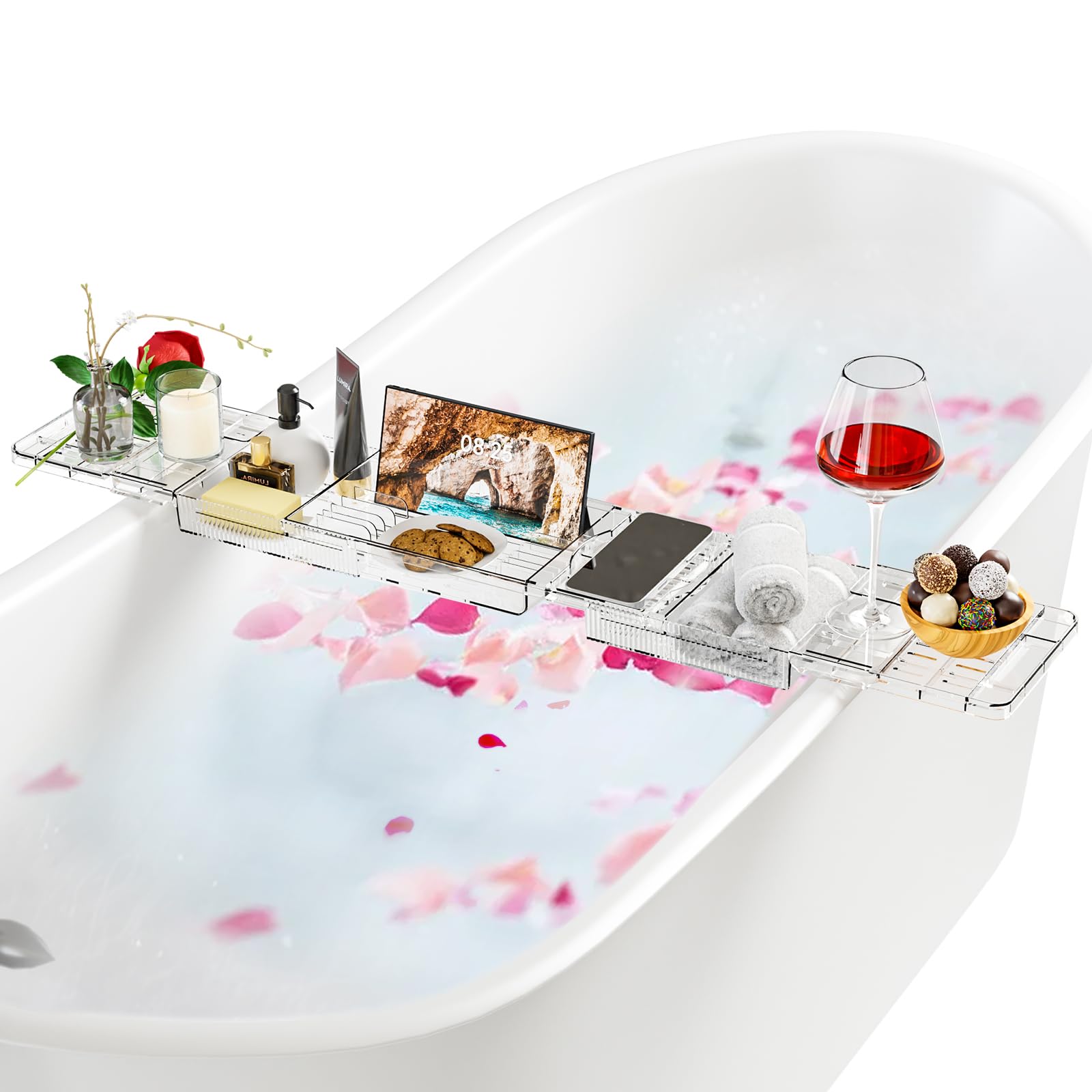 Vassoio per Vasca da Bagno Allungabile in Plastica Trasparente 80-120cm - Mensola con Porta Libro, iPad, Candela - Accessori Relax