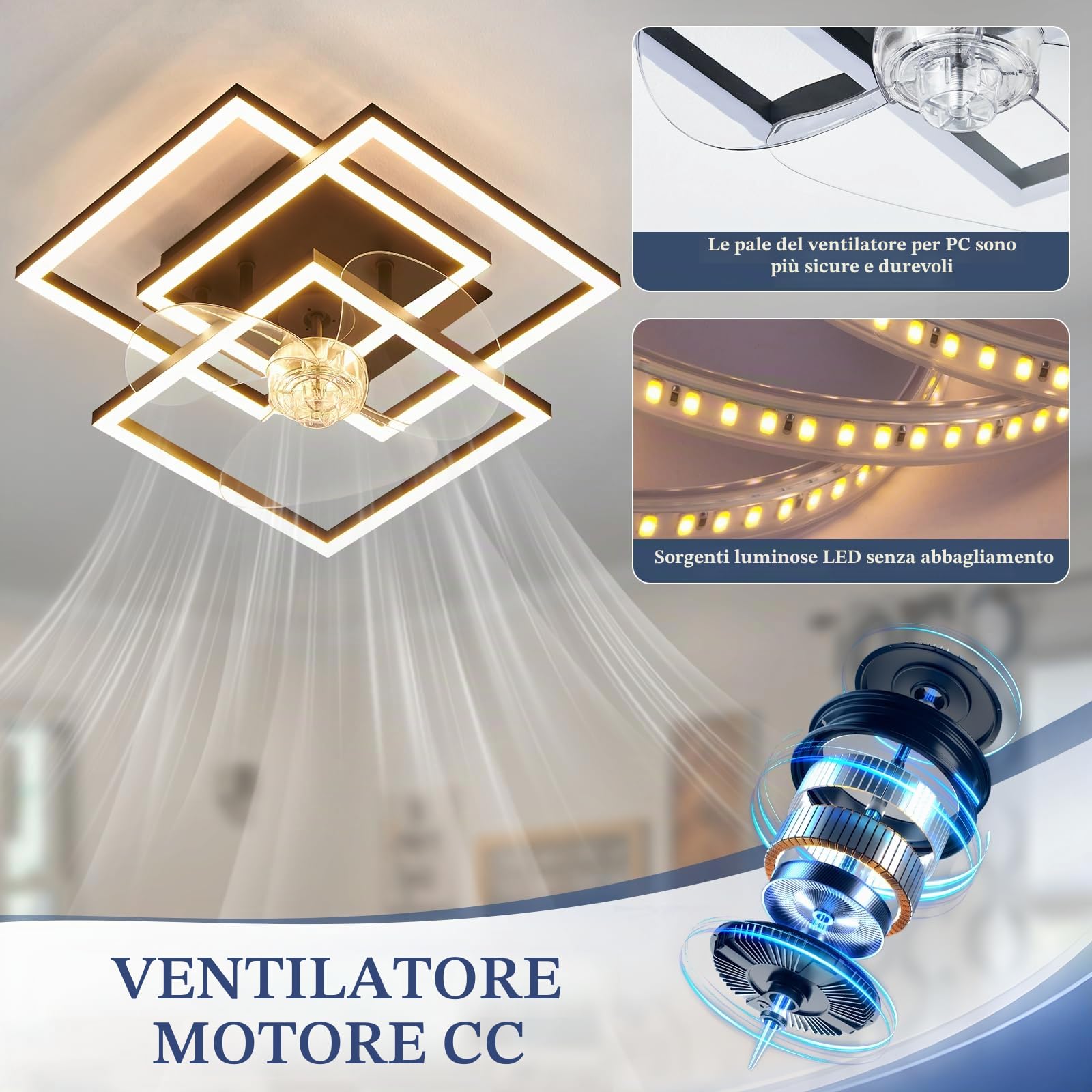 Homefire Ventilatore da soffitto con illuminazione silenzioso dimmerabile | Lampada da soffitto LED con ventilatore e telecomando 3000K-6500K 6 velocità moderno nero e timer per soggiorno e cucina