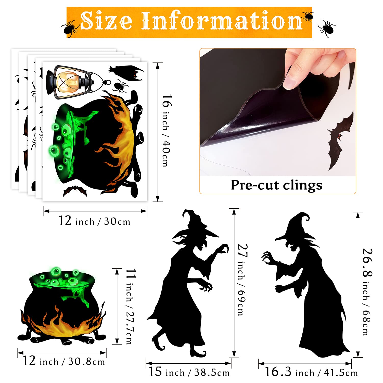 Halloween Witches Window Clings Decorations Extra Large 2 Witches Brew Spooky Haunted House Bats Spider Scary Decals Silhouette Removable Double-Side Window Sticker Halloween Party Supplies 5 Sheets