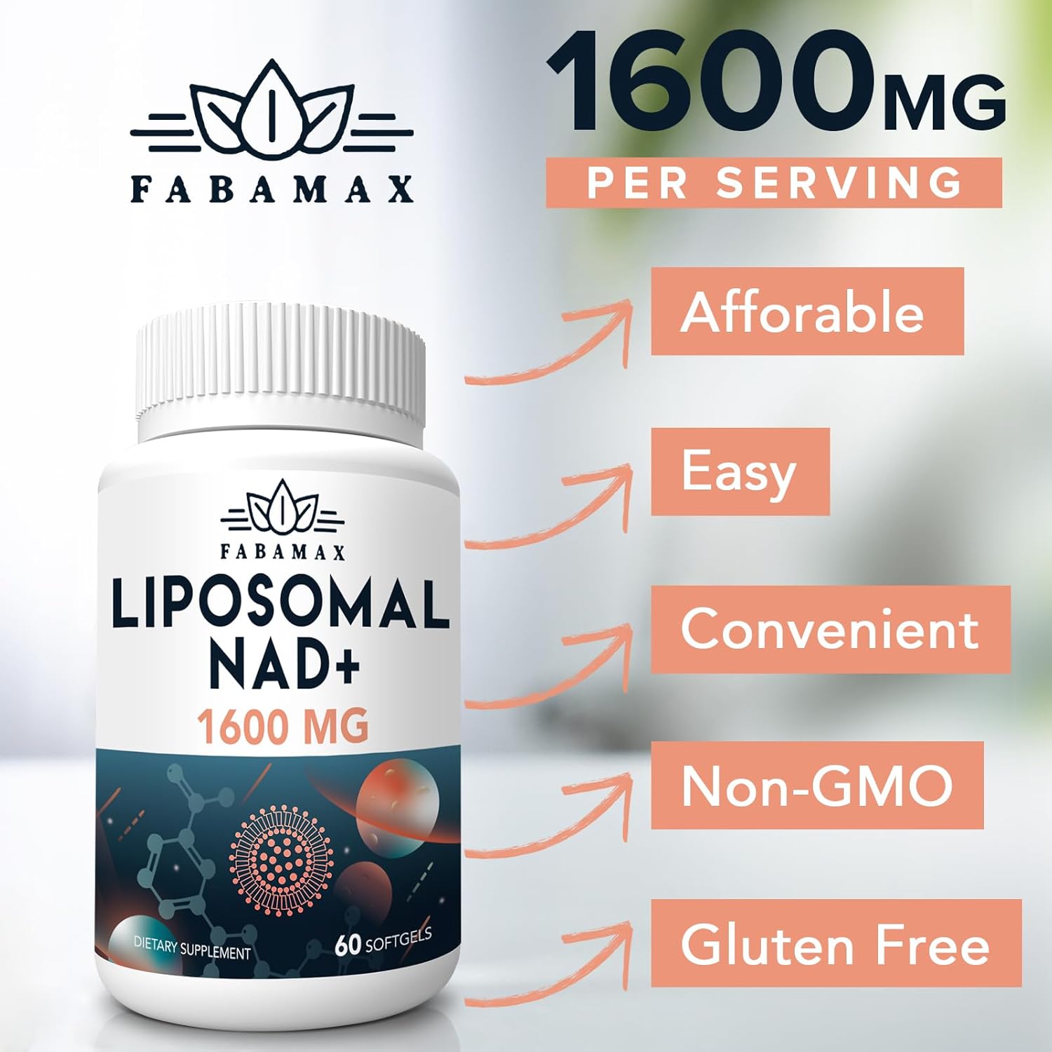 1600 mg Liposomal NAD Supplement, 98% Pure NAD+ Supplement, Superior Absorption, Alternative to Nicotinamide Riboside or NADH to Boost NAD+ for Aging Defense, Energy, Longevity, 120 Softgels