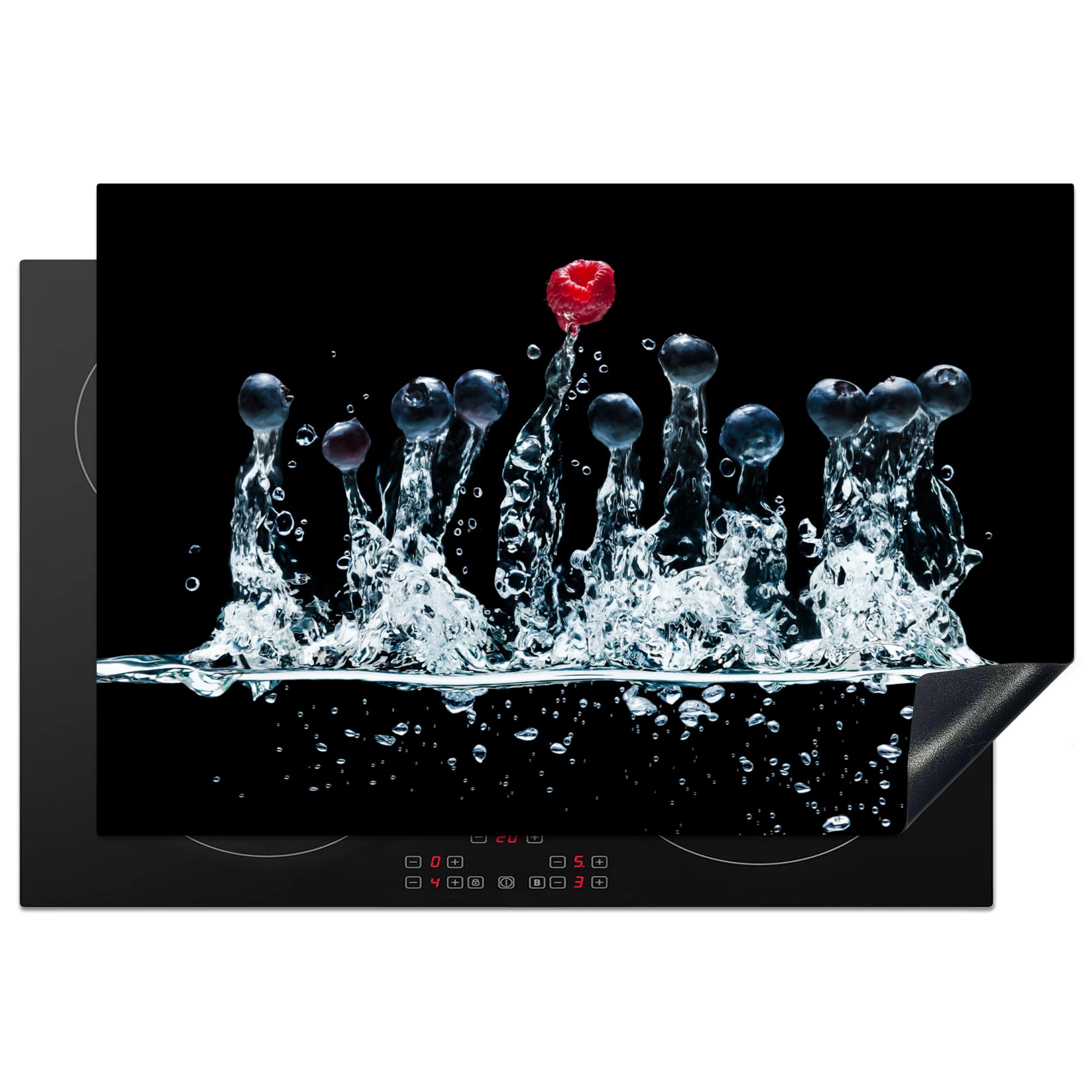 KitchenYeah© Induction Hob Cover Protector Mat 20.3"x29.9" / 76x51.5 cm Kitchen Universal Ceramic Covers for Electric Cookers Vinyl Berries - Water - Black - Fruit - Raspberry — image 1