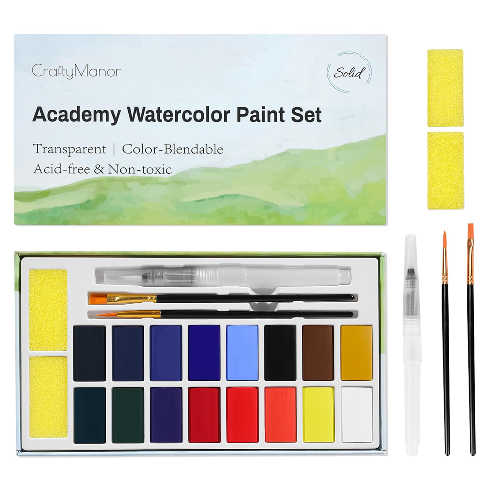 16 Colours Large Block Watercolour Paint Set for Watercolours Workbook, Portable Water Colours Paint Kit with Paintbrushes Waterbrush for Adult Painting Beginners Professional (Classic 16 Colours)
