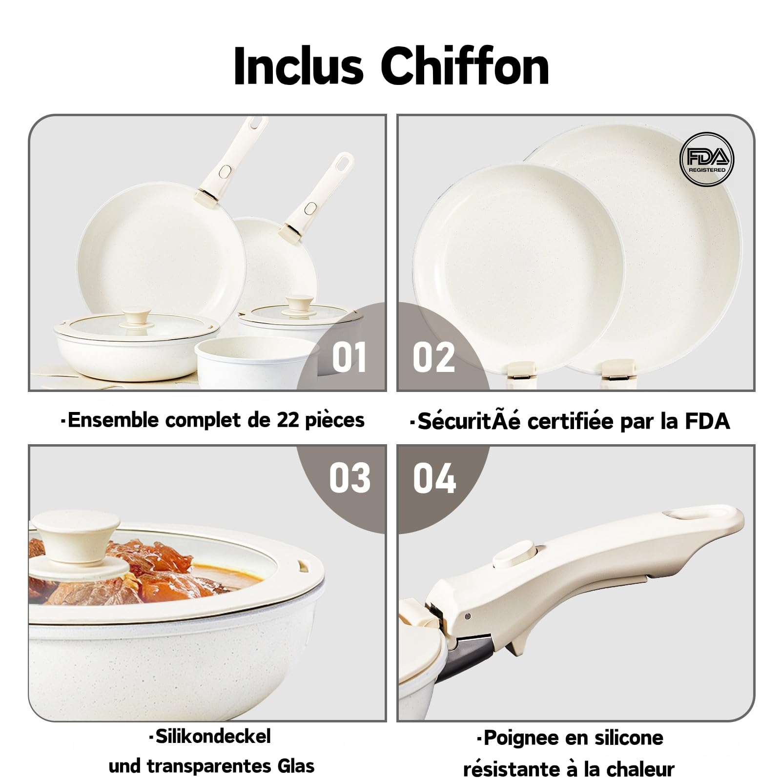 LEADZM Batterie de Cuisine Induction，Casserole Induction，poele，22 Pièces | Set de et en，Casseroles Poêles Céramique Antiadhésif - 22 Pièces avec Poignées Détachables（blanc cassé）