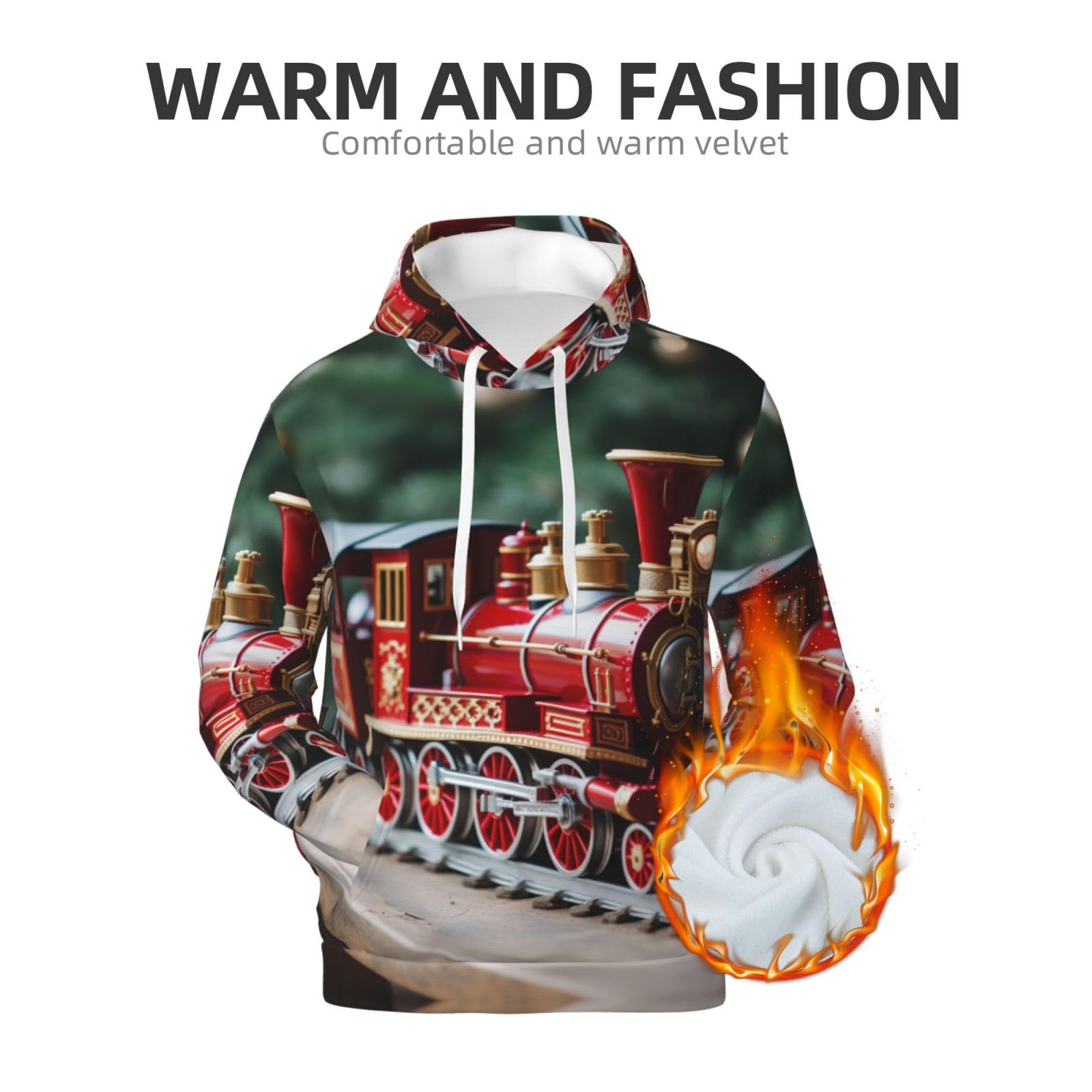 Męska bluza z kapturem z nadrukiem świątecznego pociągu, casualowa grafika z nadrukiem bluzy z kapturem z kieszenią