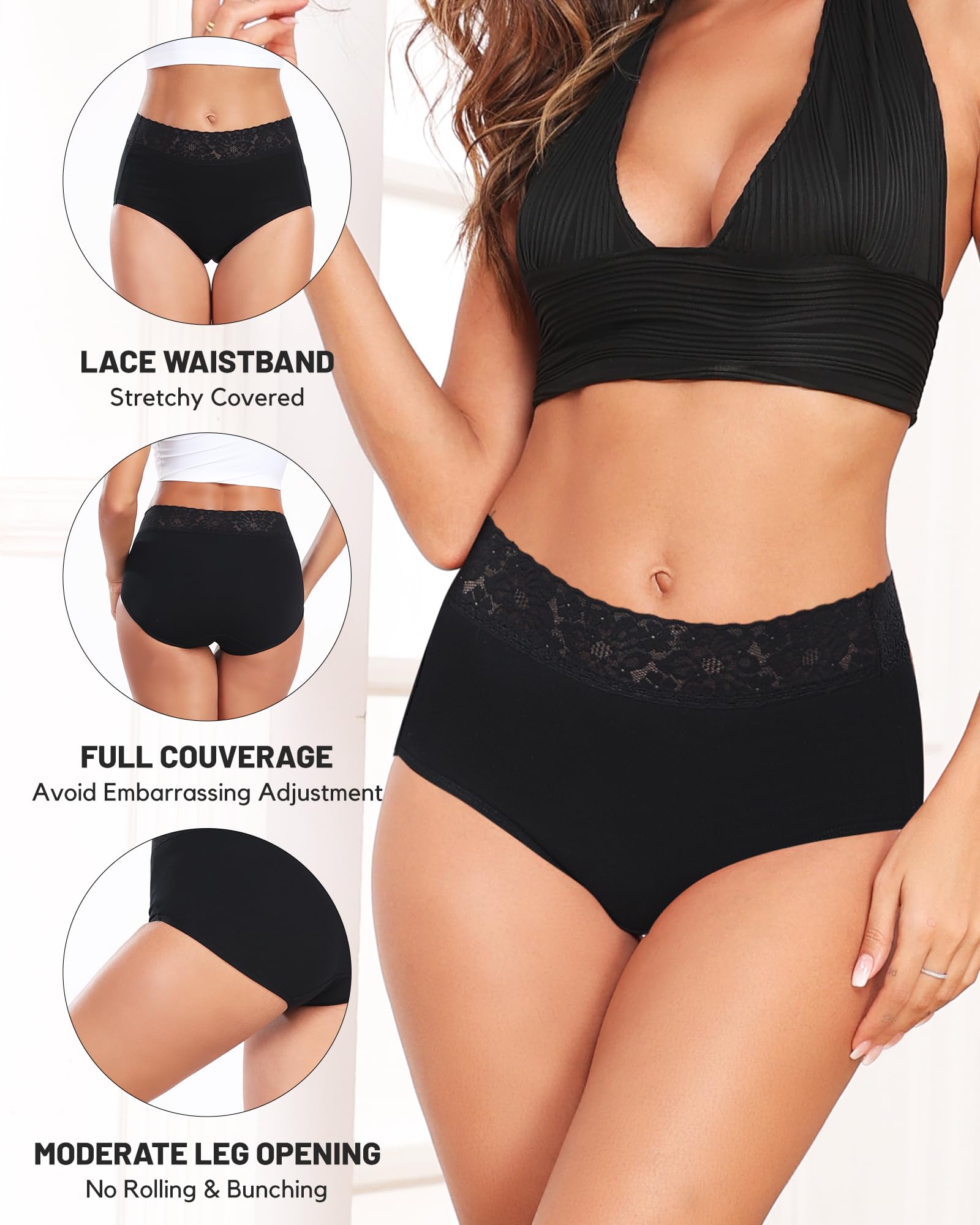 RHYFF Ropa interior de algodón para mujer, bragas de encaje de cintura alta, suaves, transpirables, hipster, cobertura completa, tallas S-3XL