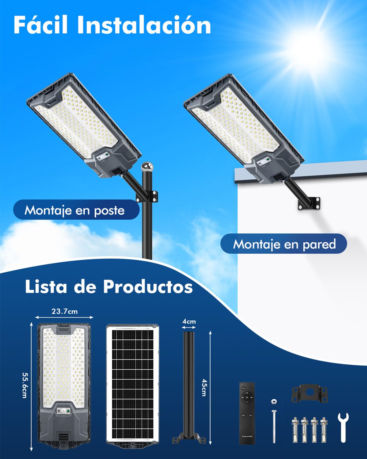 Sararoom Farolas Solares Exteriores, 600W Potente Farola, 6500K Foco LED con Sensor de Movimient - IP65 Impermeable Luz Solar Exterior, Mando a Distancia, Luz de Seguridad para Jardín Patio Garage