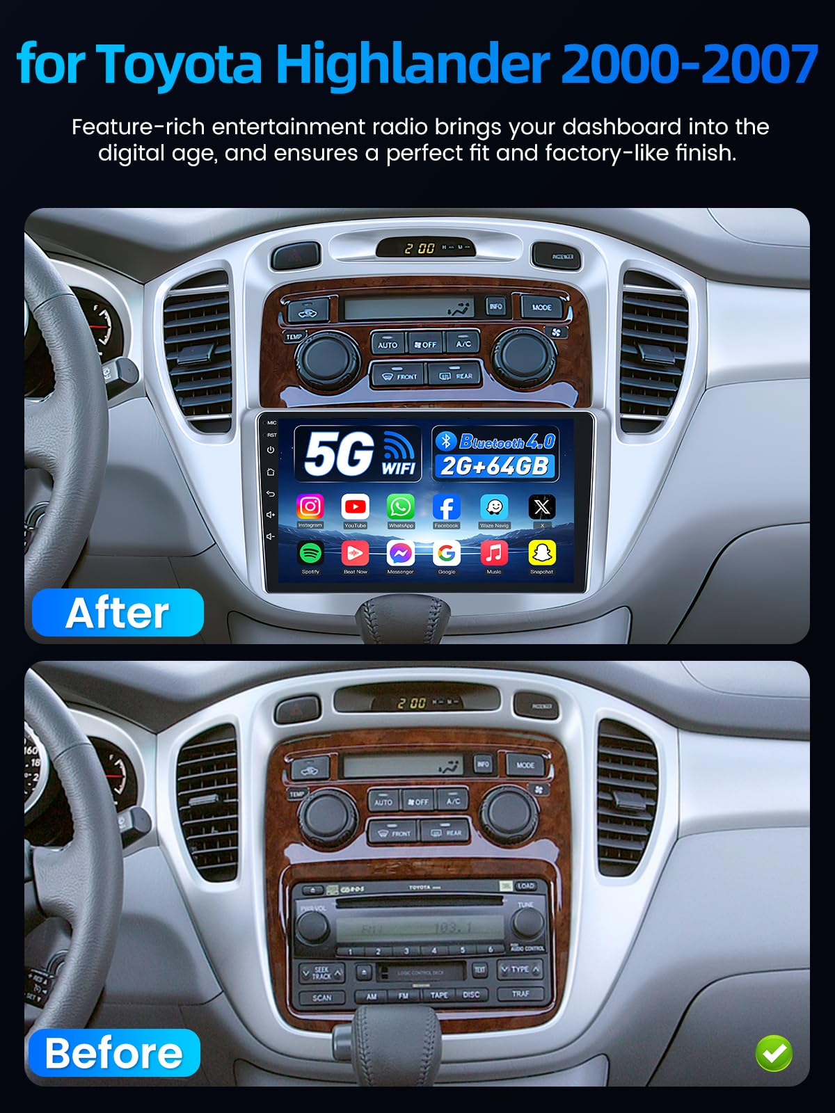 Android 12 For Toyota Highlander 2000-2007 Car Stereo CarPlay Radio BT GPS Wifi