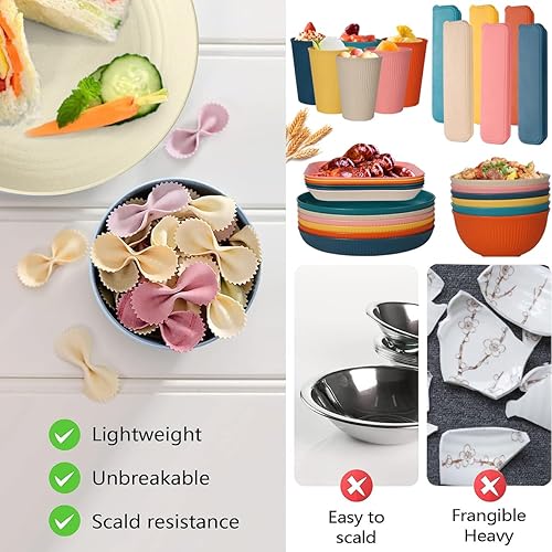 Miniatura 2 de Hoidokly Juego de vajilla de paja de trigo de 54 piezas, juego de vajilla reutilizable irrompible, platos ligeros de campamento, tazas y cuencos