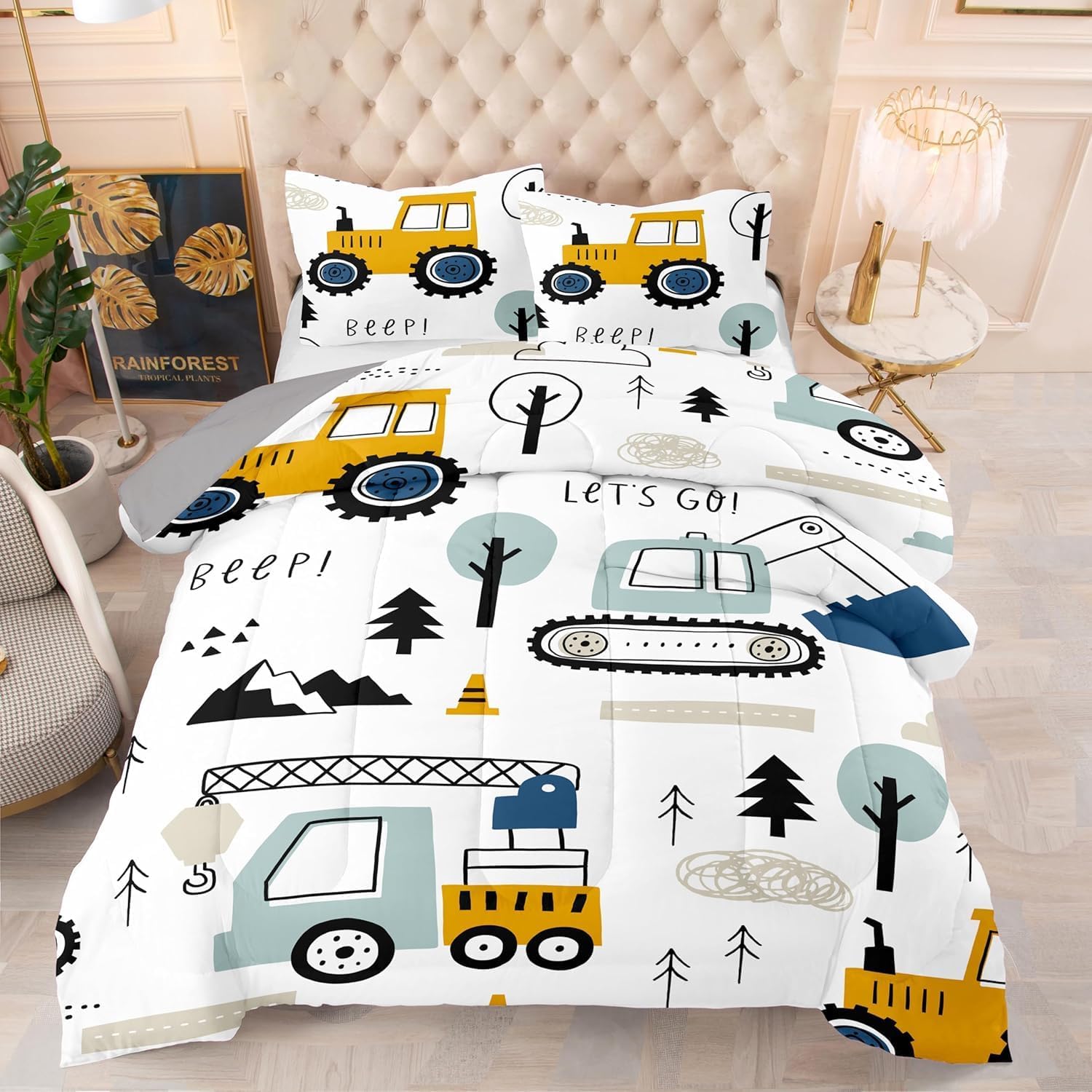 Full Comforter Set Kids - Cartoon Car Full Size Comforter, Soft Bedding for All Seasons, Cationic Dyed Bedding Set, 3 Pieces, 1 Comforter (79"x90") and 2 Pillow Shams (20"x26")