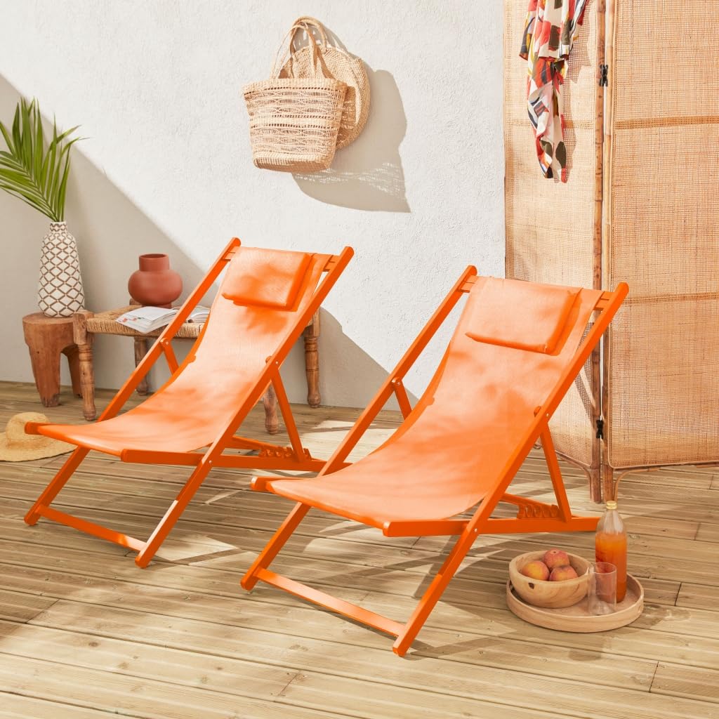 Alice's Garden sweeek - Lot de 2 Bains de Soleil - Gaia Orange - Transat en Aluminium Gris Anthracite et textilene Orange avec Coussin Repose tête. chilienne