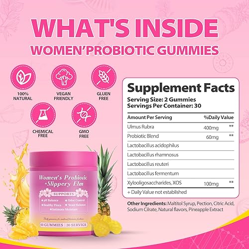 Miniatura 3 de Her Juicy Feminine Probiotics Gummies para mujeres apoya el equilibrio del pH, la salud digestiva e inmunológica con olmo resbaladizo sabor a piña