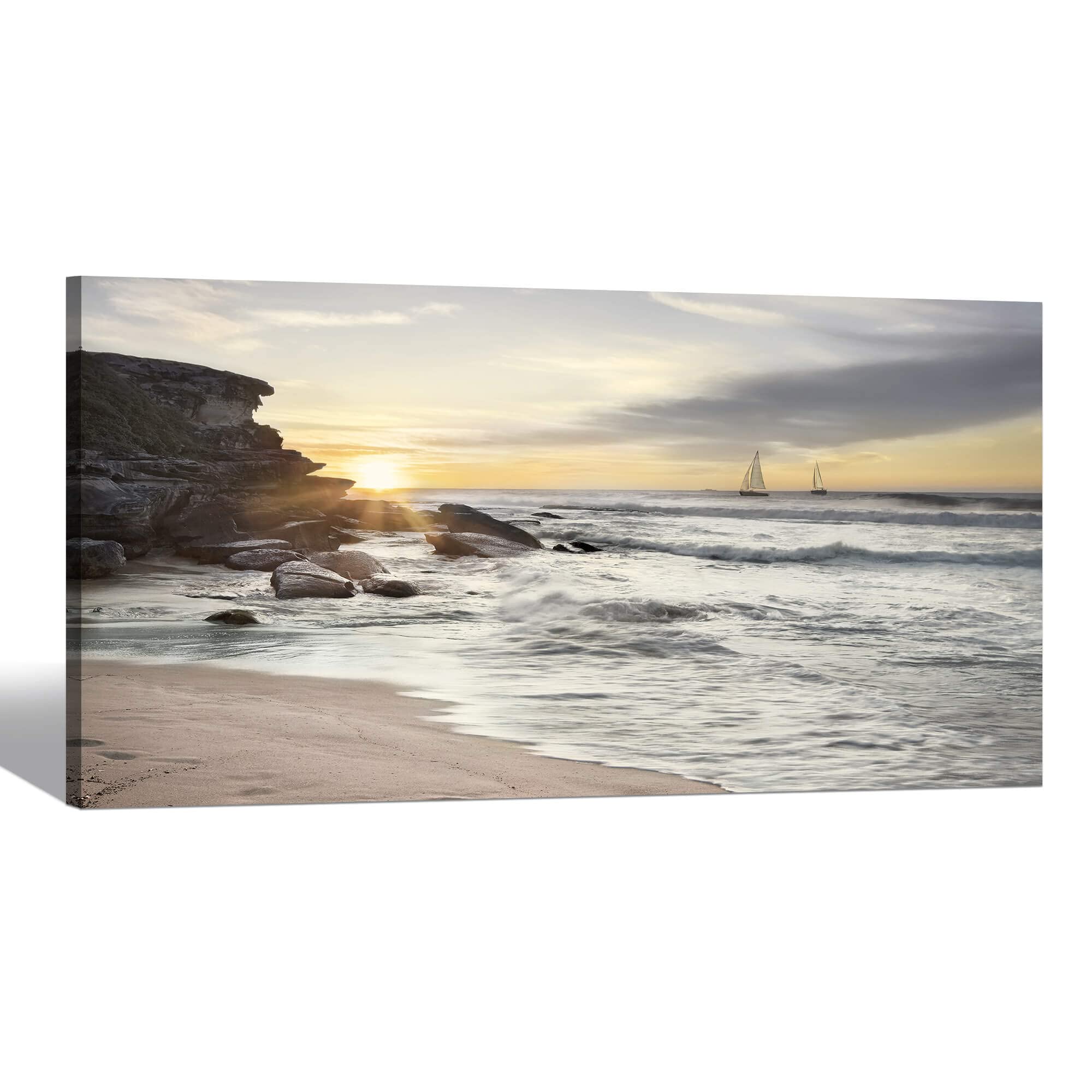 Ocean Canvas Print Wall Art: Sea Beach Artwork Coastal Seascape Picture Sunset Sailboats Scenery Painting for Living Room Bedroom Art Decor 48x24 Inch