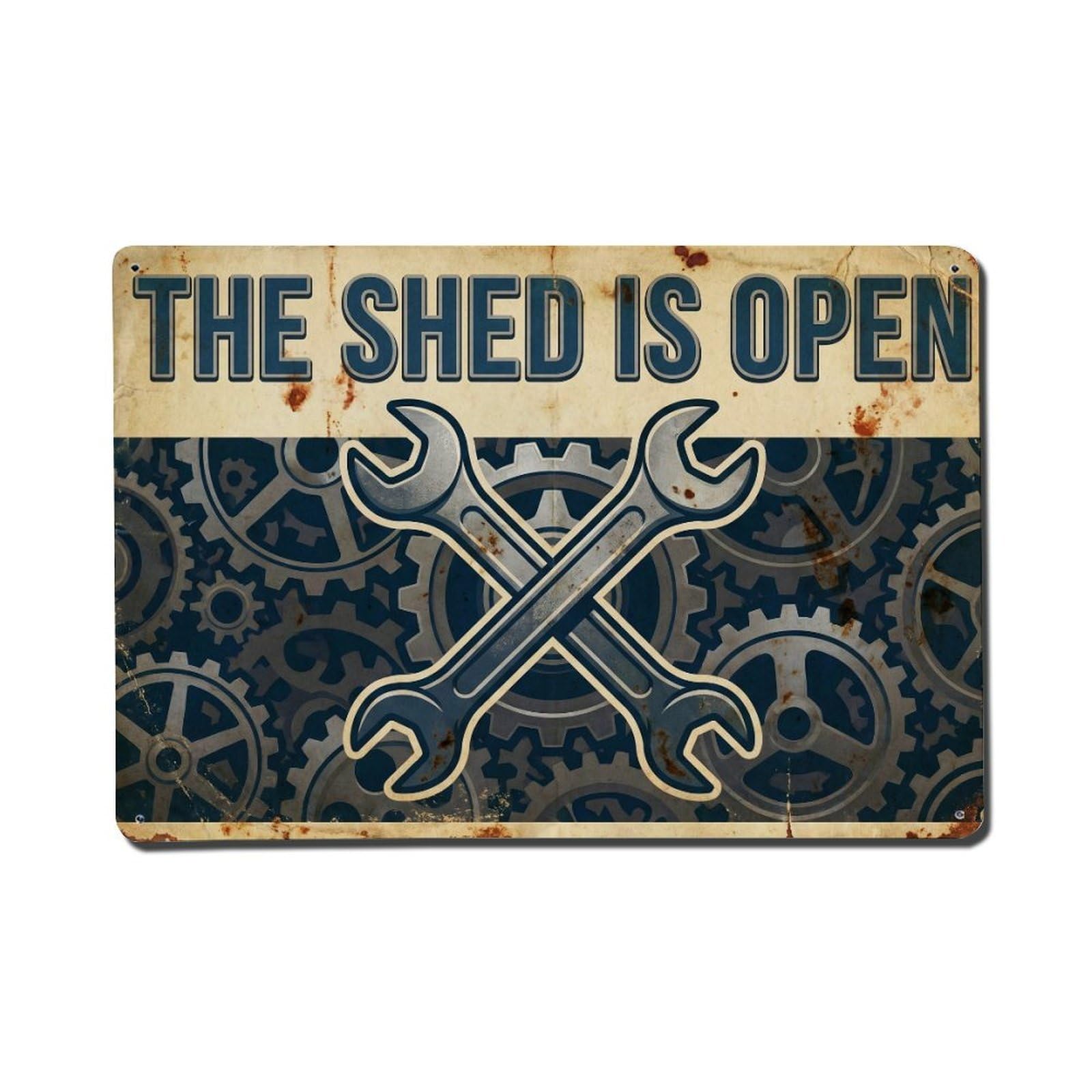 Open Shed Workshop Tool Icon Welcome Repair Metal Tin Sign Plaque Wall Decor for Cafe, Man Cave, Club Bar, Office, Home Garden Round Metal Poster 8x12Inch