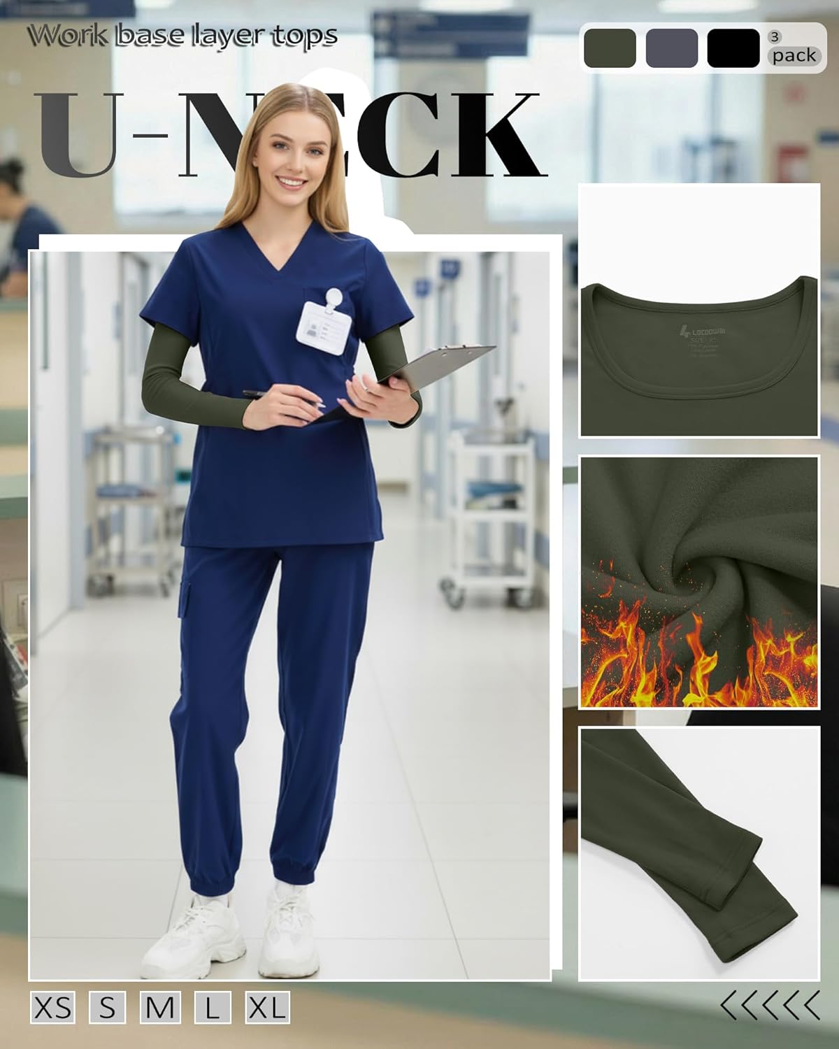 3 Pack Women's Underscrub Shirts Long Sleeve Thermal Scrub Undershirts Nurse Fleece Scoop Neck Slim Fit Layering Top - Image 4