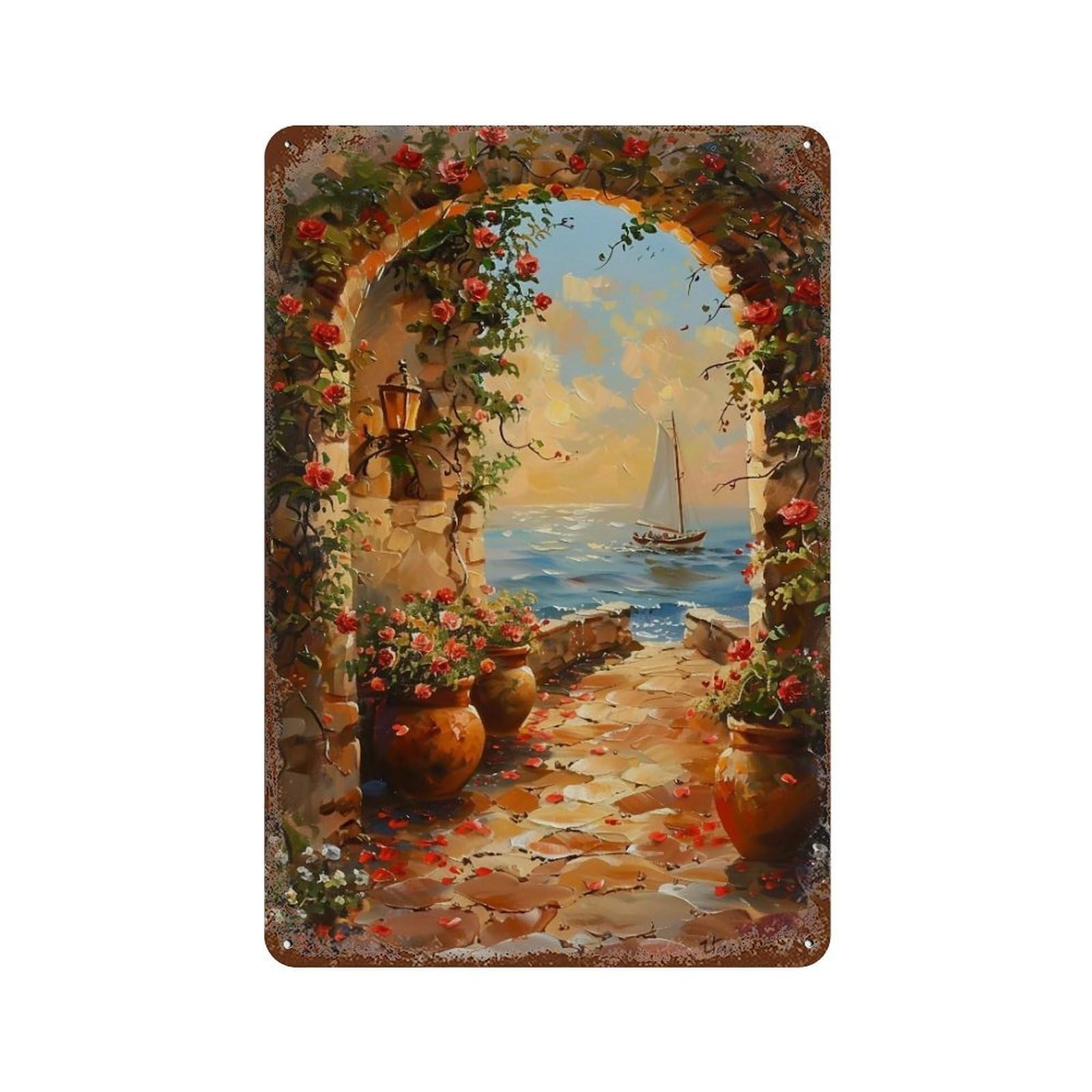 Hduryeyryy Multicolour Mediterranean Rose Path 03 Wall Retro Iron Vintage Art Metal Tin Sign Poster Modern Home Cofffee Club Art Bar Shop Decor 30X20cm