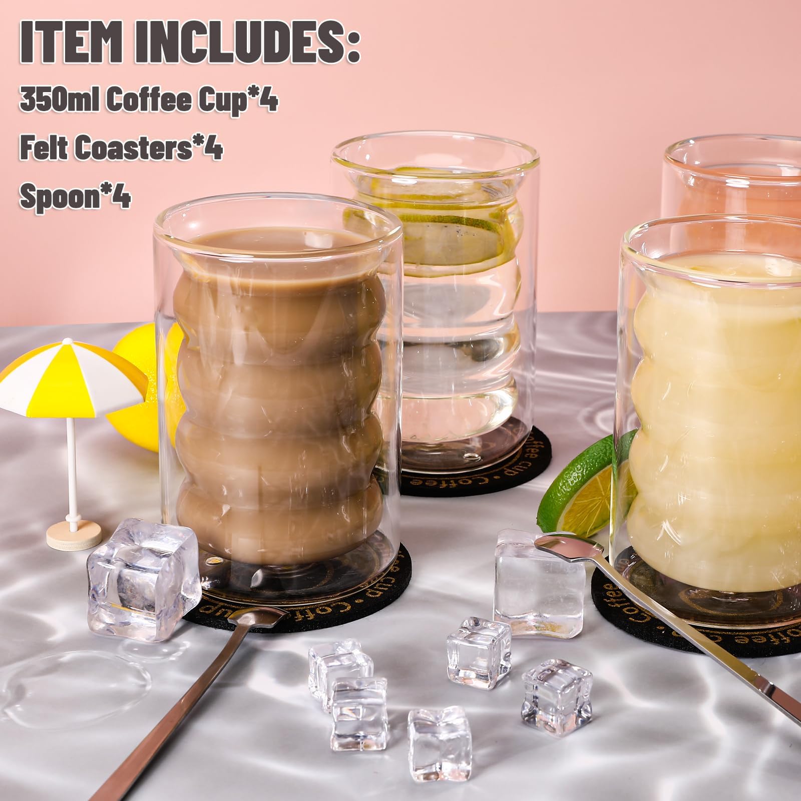 Winter Shore Tasse Verre Strié De 350 Ml (Lot De 6) - Verre Matcha Latte, Expresso, Cappuccino, Latte, Thé Transparent Avec Poignée - Pour Boissons Chaudes & Froides, Micro-Ondes & Lave-Vaisselle