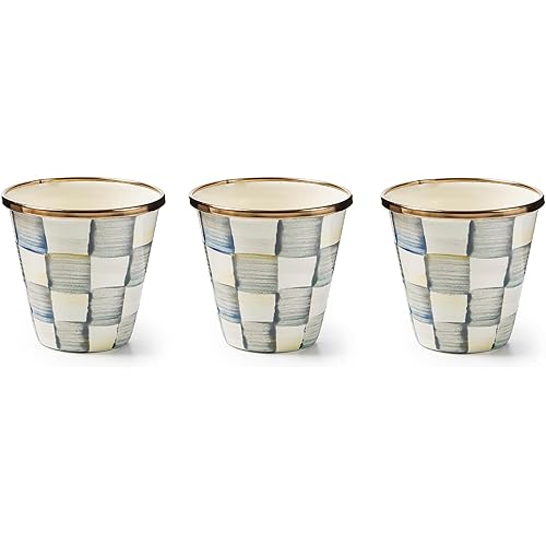MACKENZIE-CHILDS Enamel Herb Pots, Small Plant Pots for Herbs or Flowers, Set of 3, Gray-and-White Sterling Check