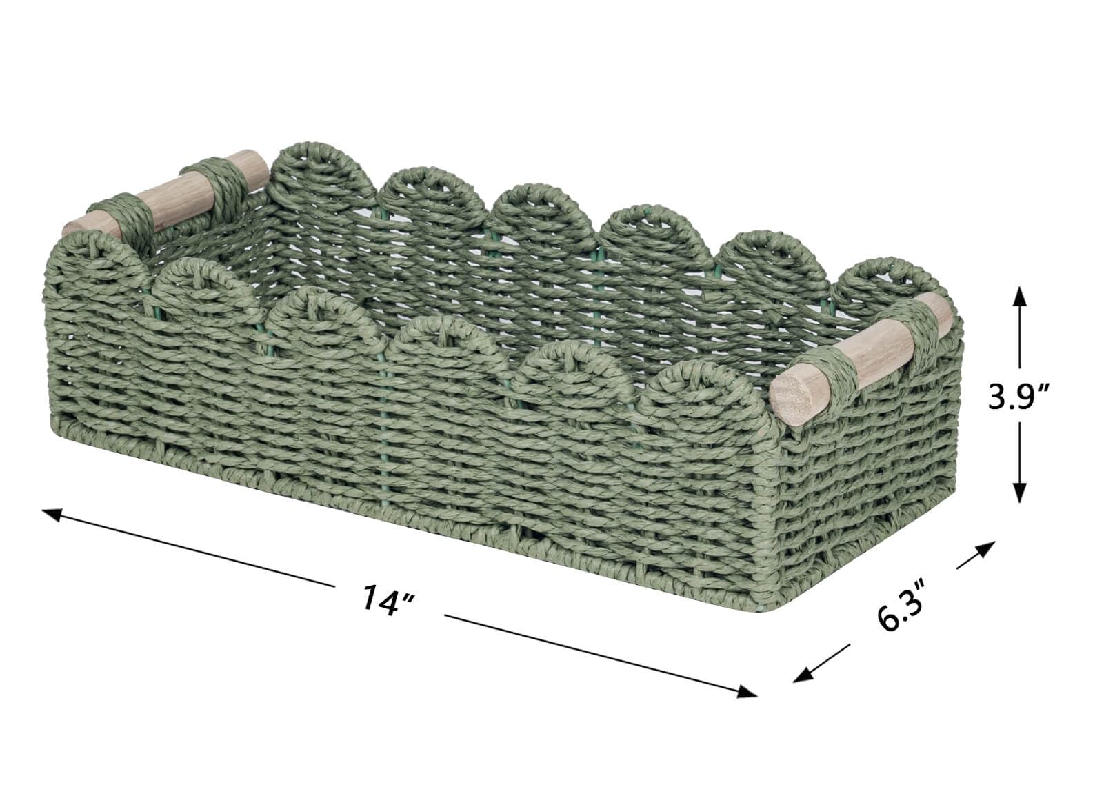 CubesLand Toilet Paper Storage Basket Scalloped Edge Home Decor Green Basket, Living Room Cozy Decor, Paper Rope Small Baskets for Over Toilet Storage Shelf, End Table, Shelves, with 2 Wooden Handles: Beige M - 14"L x 6.3"W x 3.9"H