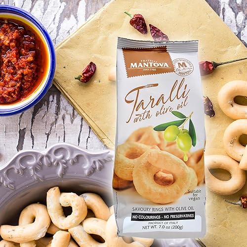 Miniatura 8 de Taralli con aceite de oliva de Puglia, Italia. (Paquete de 2), 7 oz Ingredientes naturales: harina de trigo, vino blanco, aceite de oliva, aceite de