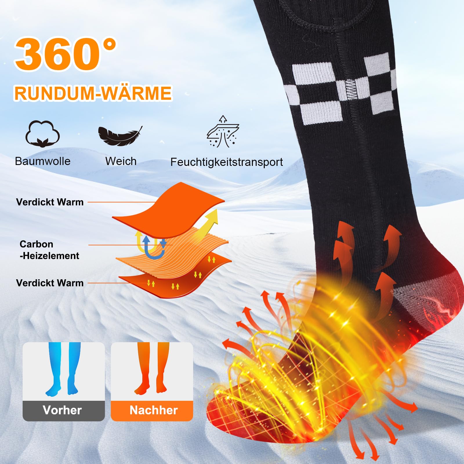 Chaussettes Chauffantes Unisexe Chauffage à 360°, 5000mAh Chaussette Chauffante Rechargeables 3 Températures, Semelle dos pieds chauffée double face, Lavables pour la Chasse d'hiver/Camping/À pied