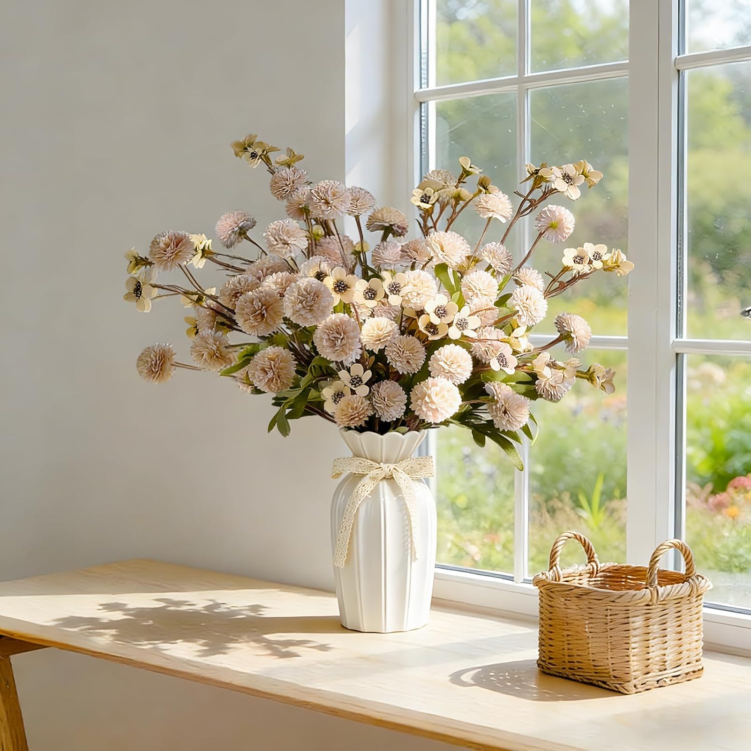 13Pcs Faux Silk Pompom Mums Artificial Flowers for Vase – Long Stem Fake Chrysanthemum Kiku Flower with Wax, Dried Flowers Floral Arrangement for Centerpieces, Indoor Home Decor (No Vase)