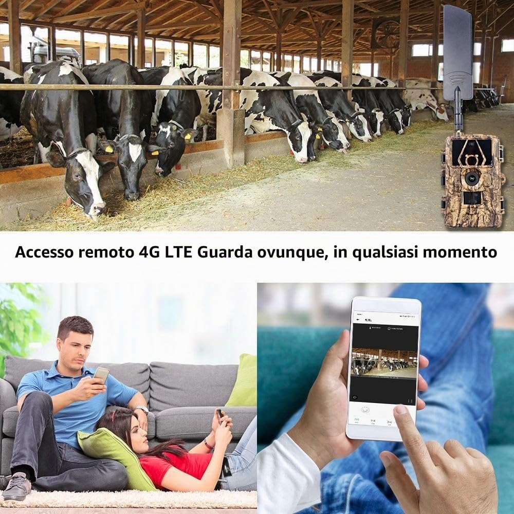 4G Profi-Wildkamera 60MP 8K con scheda di memoria da 32 GB e SIM Card 4G, Top rilevamento del movimento, flash invisibile per visione notturna, trasmissione tramite app fototrappola
