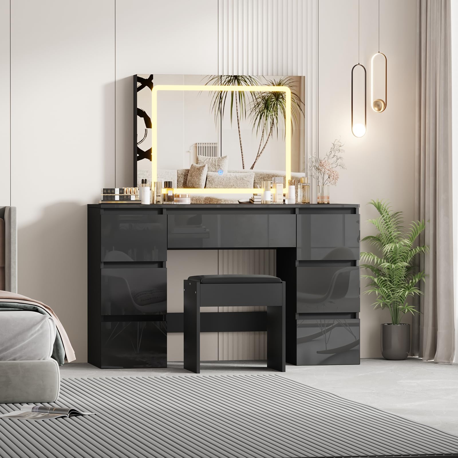 Mode Hochglanz Schminktisch mit Spiegel und Hocker, Frisiertisch mit LED Beleuchtung Licht, Damen und Mädchen 7 Schubladen Make-up Tisch Für Schlafzimmer, Kosmetikzimmer (Schwarz)