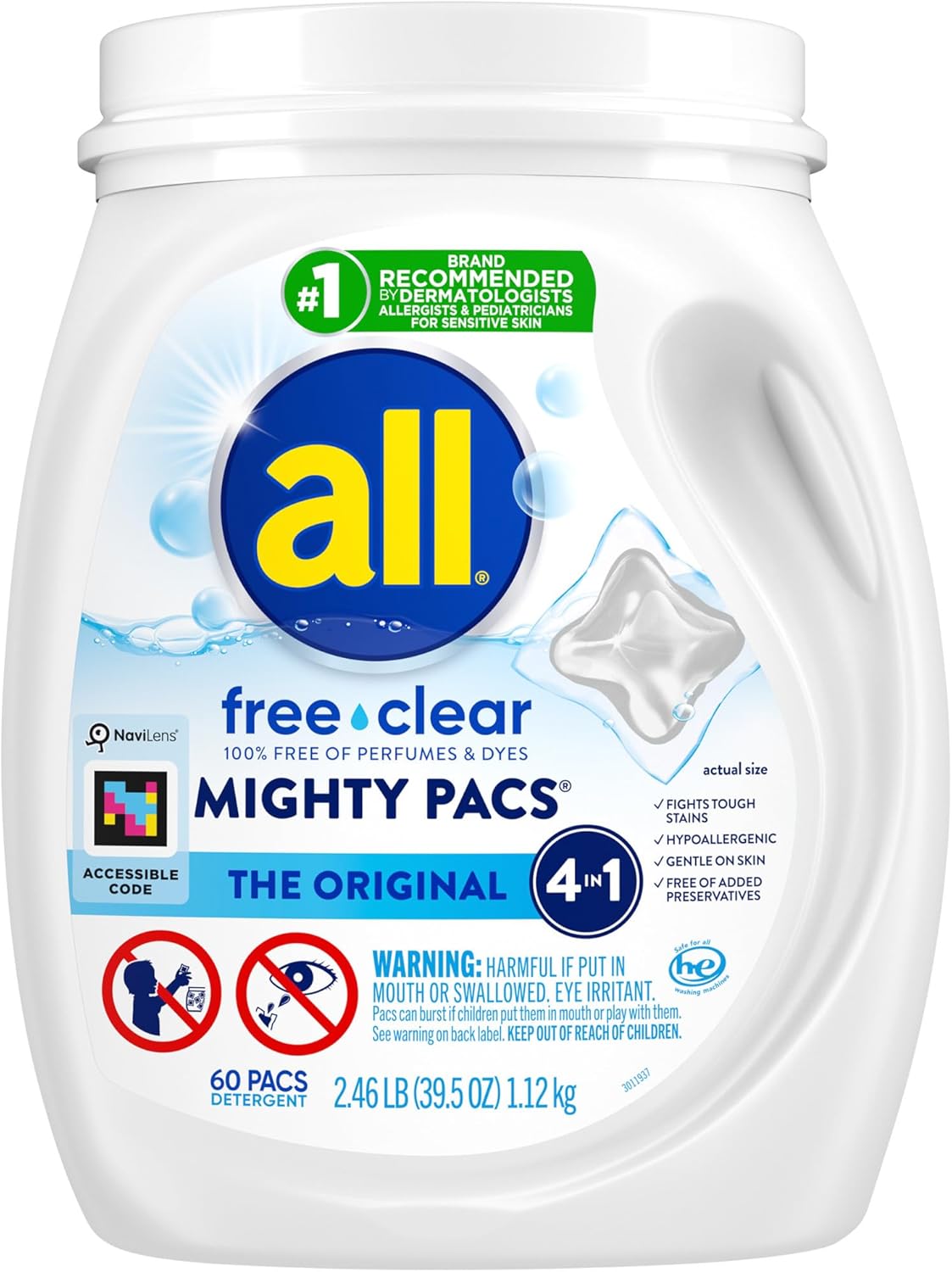 All Mighty Pacs Laundry Detergent, Free Clear for Sensitive Skin, Tub, 60 Count - Image 1 of 8