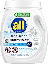 All Mighty Pacs Laundry Detergent, Free Clear for Sensitive Skin, Tub, 60 Count