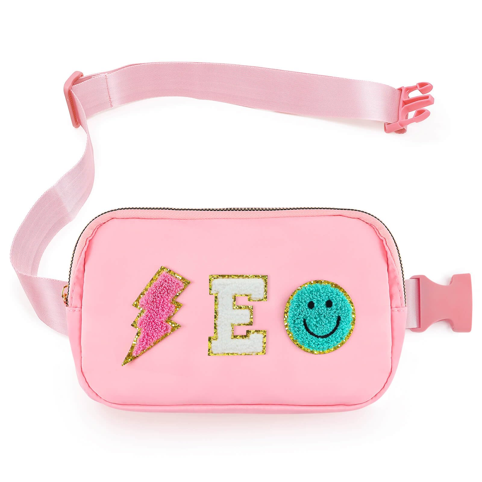 Fanny Pack for Girls Birthday Easter Gifts, Girls Crossbody Bag Preppy Nylon Teen Belt Bag for Graduation Travel Gifts, Light Pink Chenille E Letter
