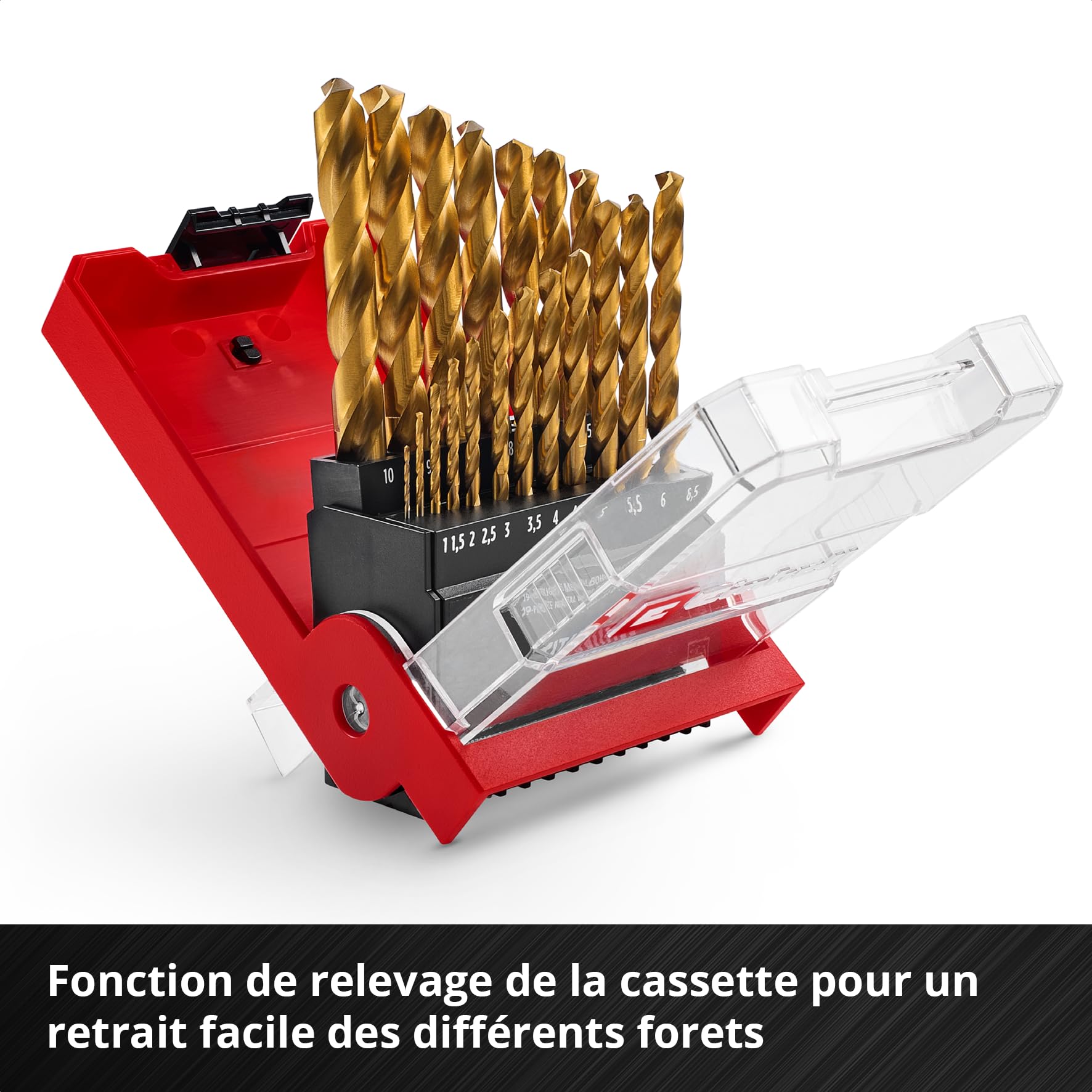 Einhell 19 pièces jeu de forets métal HSS-G TiN, Ø 1–10 mm | Acier HSS | revêtement nitrure de titane | pointe Split Point 135° | spirale N fraisée | queue cylindrique | coffret incl.
