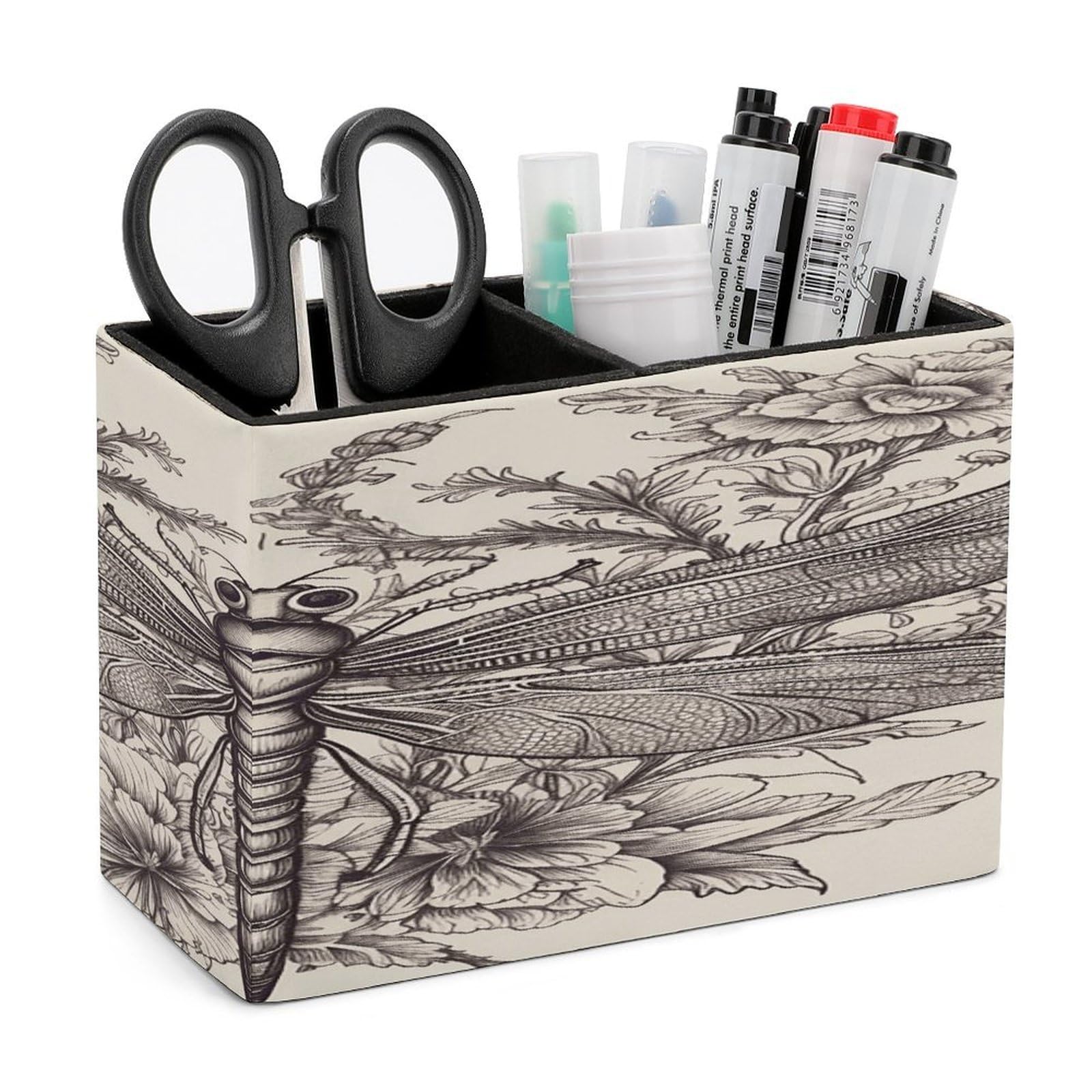 VstaDank Hand Drawn Floral Dragonfly Pen Holder Double Compartments Pen Cup Fashion Makeup Brush Holders Leather Pencil Holder for Work Locker Accessories Modern Pencil Cup for Desk Organizer