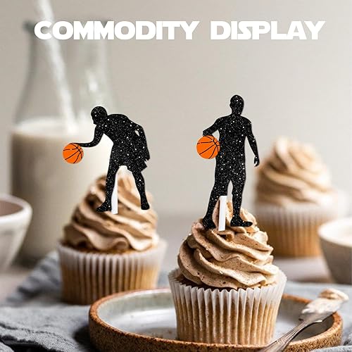 Miniatura 5 de 18 piezas de silueta negra con purpurina para postre, decoración para jugadores de baloncesto, decoración temática de escena, suministros de