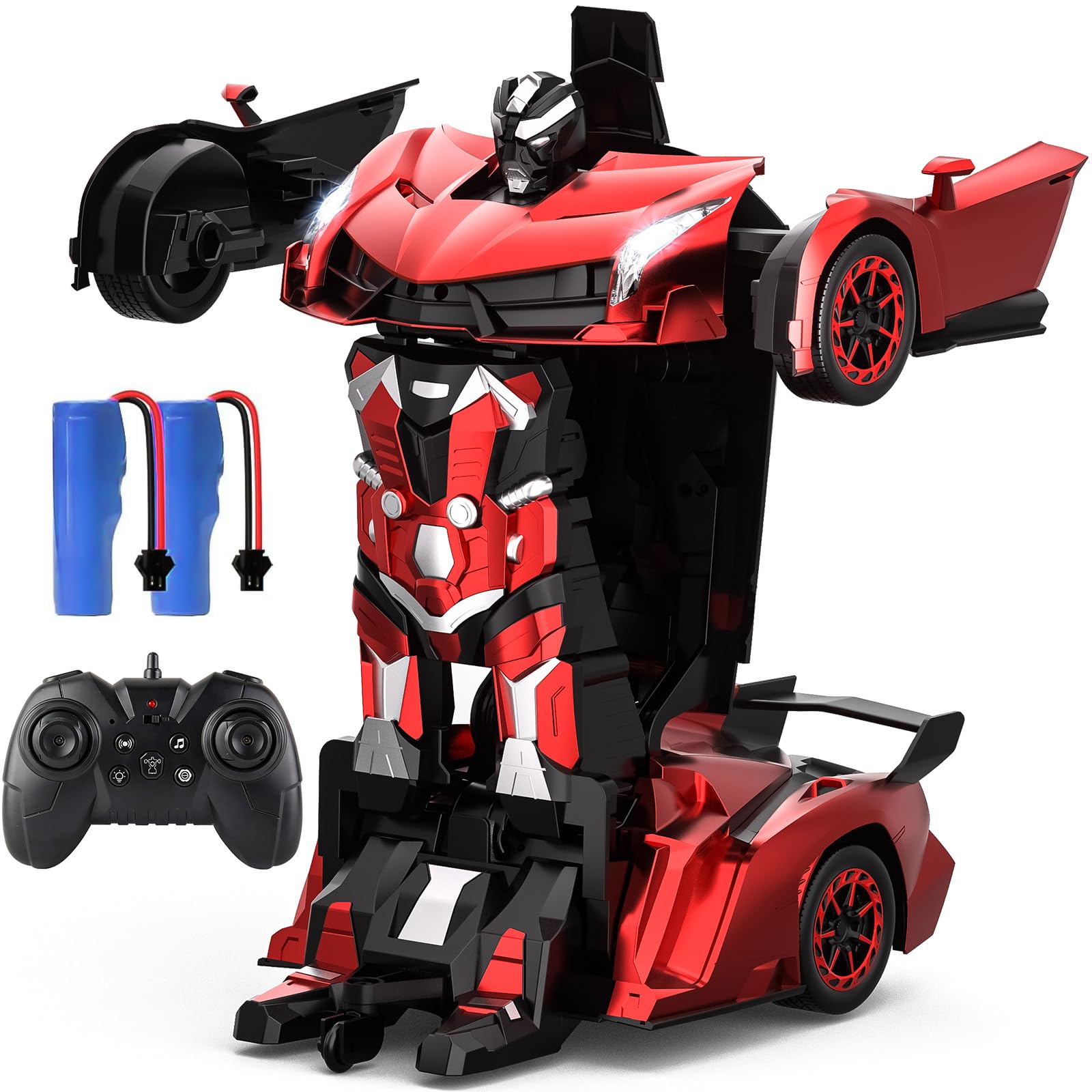 YONCHER Transform Remote Control Car, 1:12 Big Size Transform RC Cars Robot, 2-in-1 Robot Car Toy with Music and Light, Gesture Sensing, 360° Automatic Deformation for Boys and Girls, Red