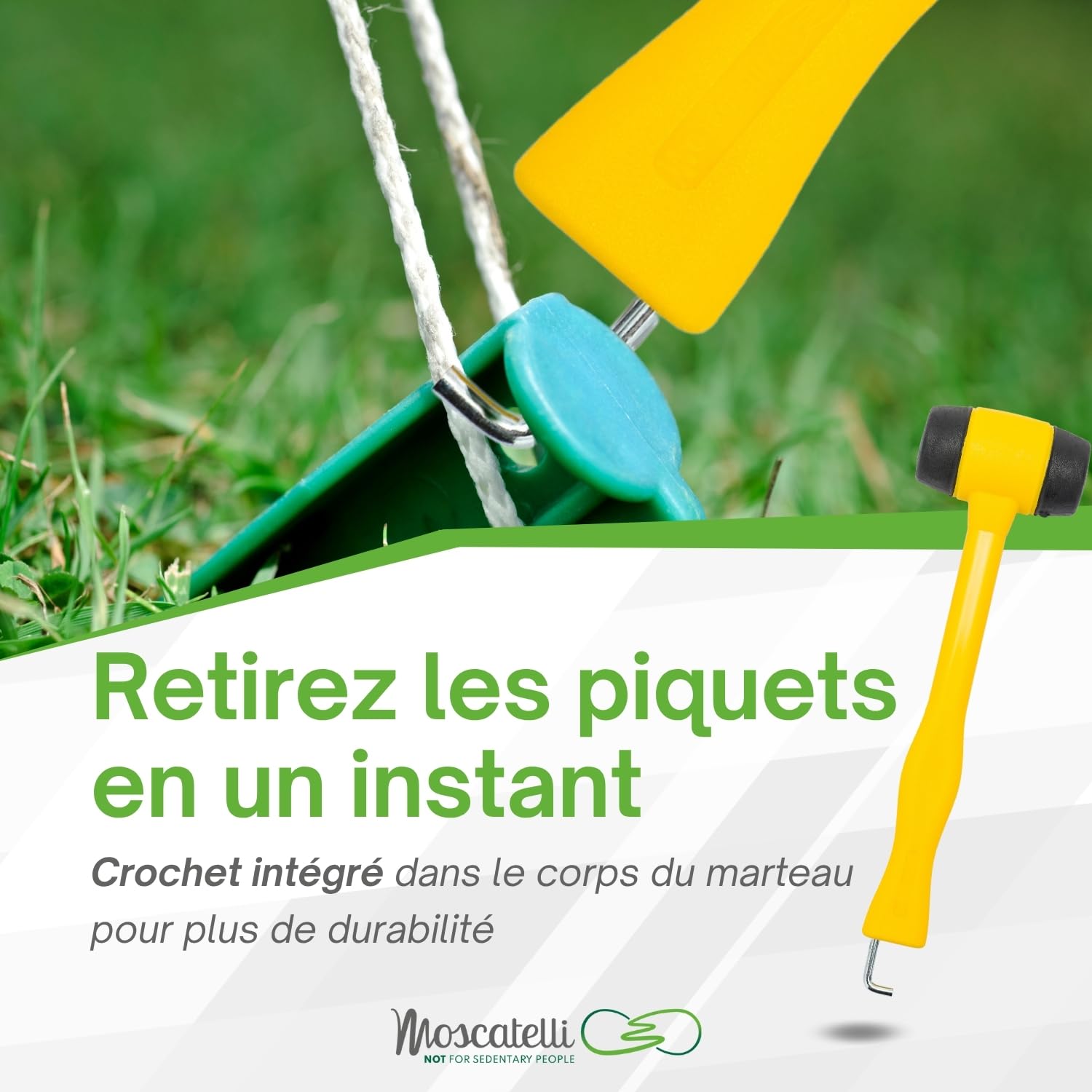 MOSCATELLI - Maillet de Camping Polyvalent, Robuste et Ergonomique avec Crochet pour extraire Sardine et Piquets - Jaun
