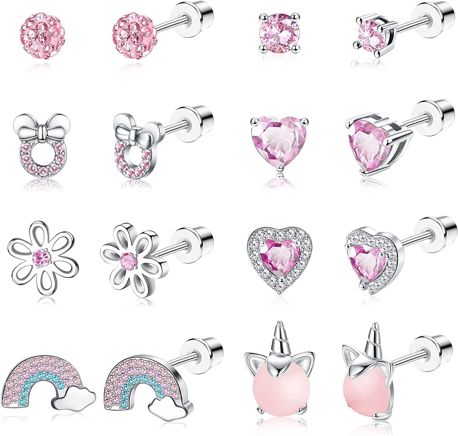 LOLIAS 10 Paar Süße Verschraubte Ohrstecker für Damen Mädchen Edelstahl Mehrfarbige Herz Blume Schmetterling Regenbogen CZ Ohrstecker Hypoallergene Schraubverschluss Ohrringe