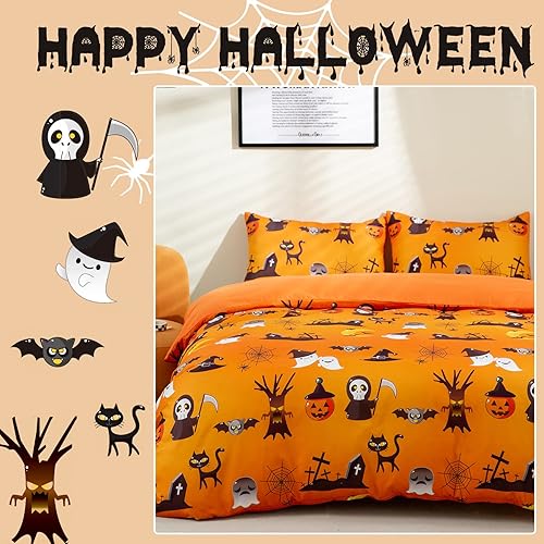 Miniatura 9 de Menghomeus Juego de ropa de cama de Halloween con diseño de calabaza y fantasma, juego de cama individual colorido para niños, niñas, adultos,
