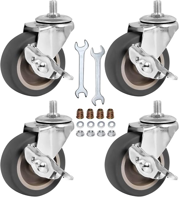 Roues à roulettes, 3Inch M10 Roulette avec frein, taille métrique M10-15 (Diamètre de la vis 10mm, Longueur de la vis 15mm) Roulettes pour Workbench Trolley, Meubles Dolly, Shopping Trolleys (Pack of 4)