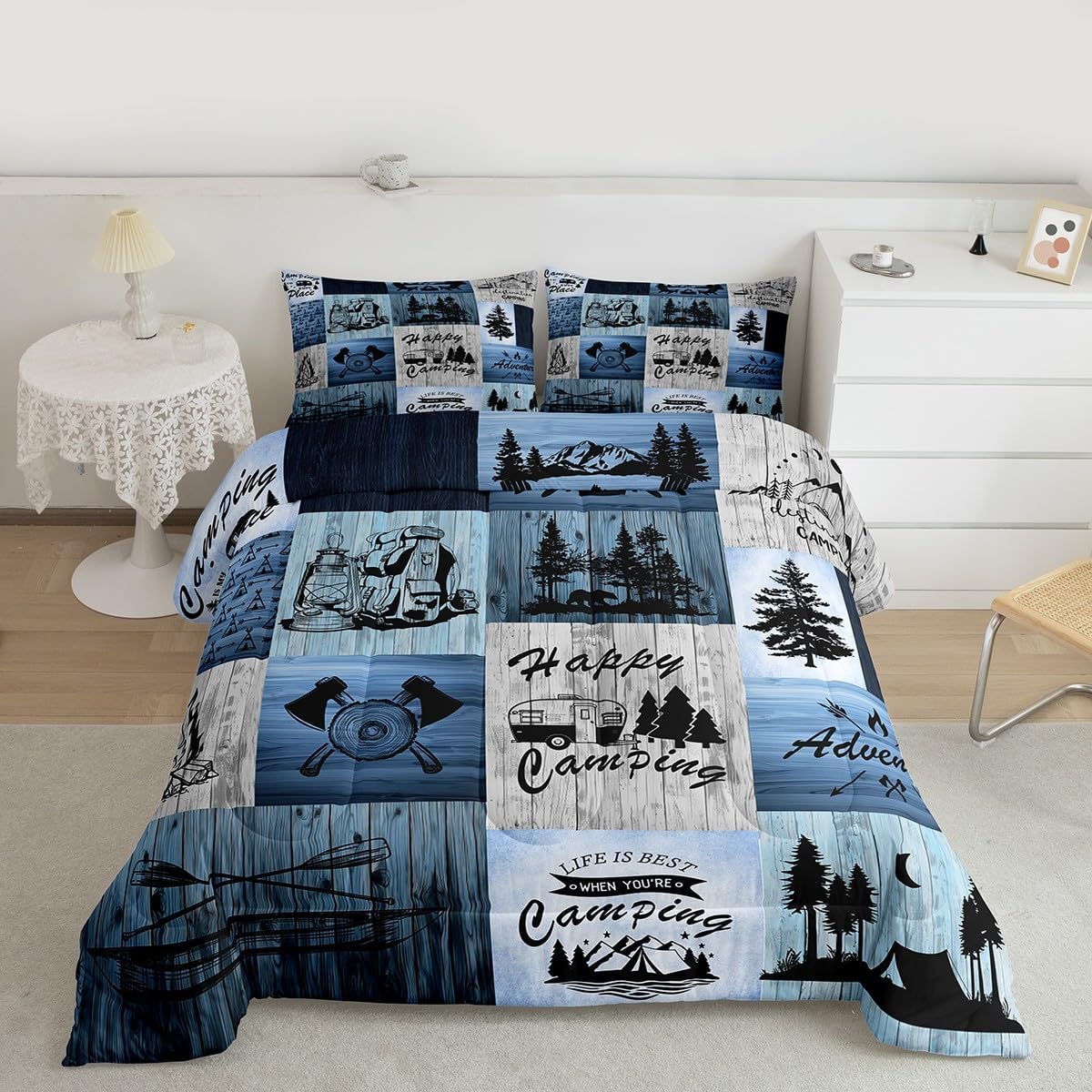 Happy Camping Comforter Set,Lake Boat Pine Tree Pattern Bedding Set 3Pcs,Vintage Rustic Farmhouse Quilt Set Black Blue Old Wood Patchwork Grid Duvet Insert Kids Boys Girls Adult Queen Size