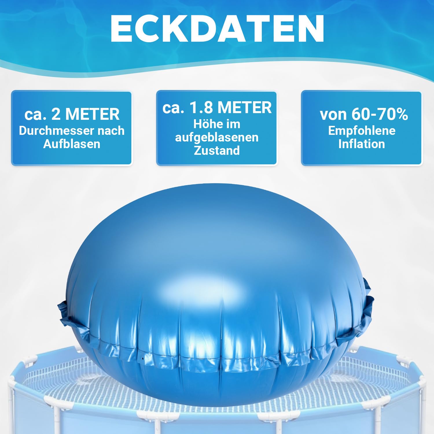 Poduszka basenowa zimowa, Ø 2 m, okrągła, z liną 2 x 4 m, odporna na warunki zimowe do -25°C, odporna na promieniowanie UV i chlor, w zestawie zestaw naprawczy i zawór spiralny (1 sztuka)