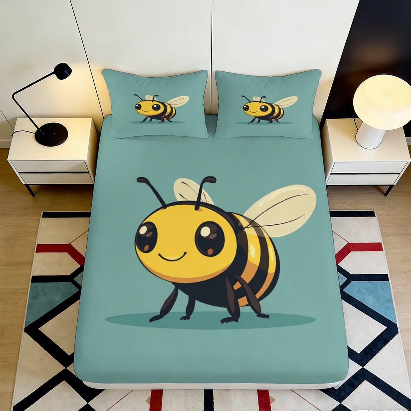 Jqzkxnhpbr Style-7 3D Printed Cute Bee Fitted Sheet Microfiber Soft Anti-Slip Yellow Cartoon Honey Mattress Cover For Bedroom Guest Room Decor 90X200x25cm