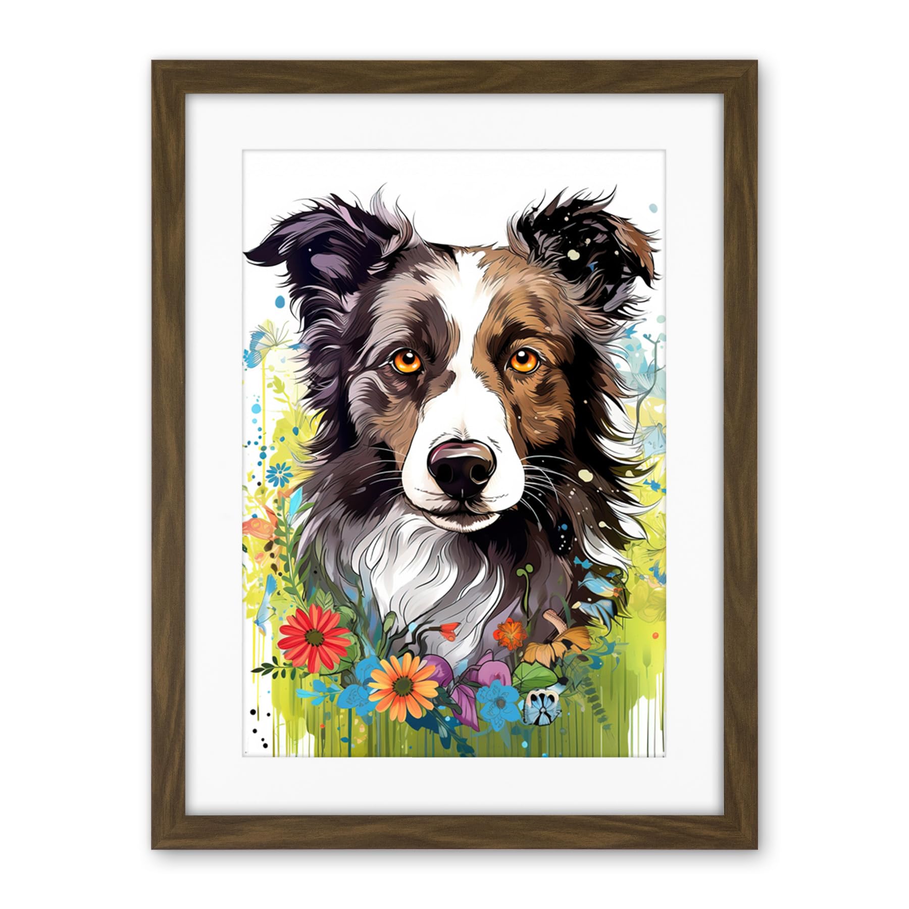 Artery8 Border Collie Dog Bright Watercolour Painting Floral Portrait with Wildflowers and Butterflies Artwork Framed Wall Art Print 18X24 Inch