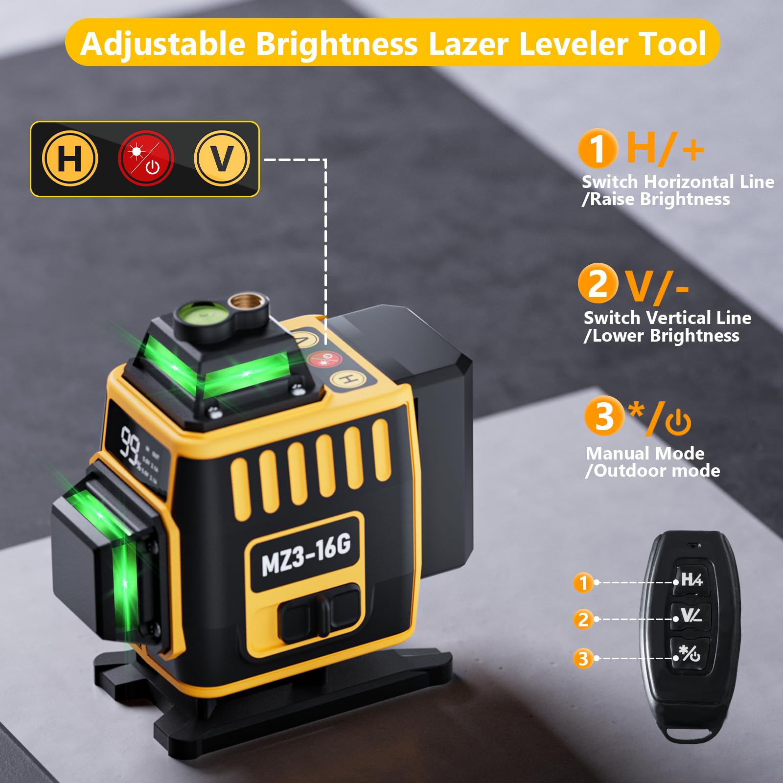 Nivel láser de Autonivelante 4x360°,4D 16 líneas Nivel Laser Cruzadas de Haz Verde,Láser Level Con Indicador de Potencia Horizontal/Vertical con 2x batería, Soporte Magnético, ajuste de brillo,remoto