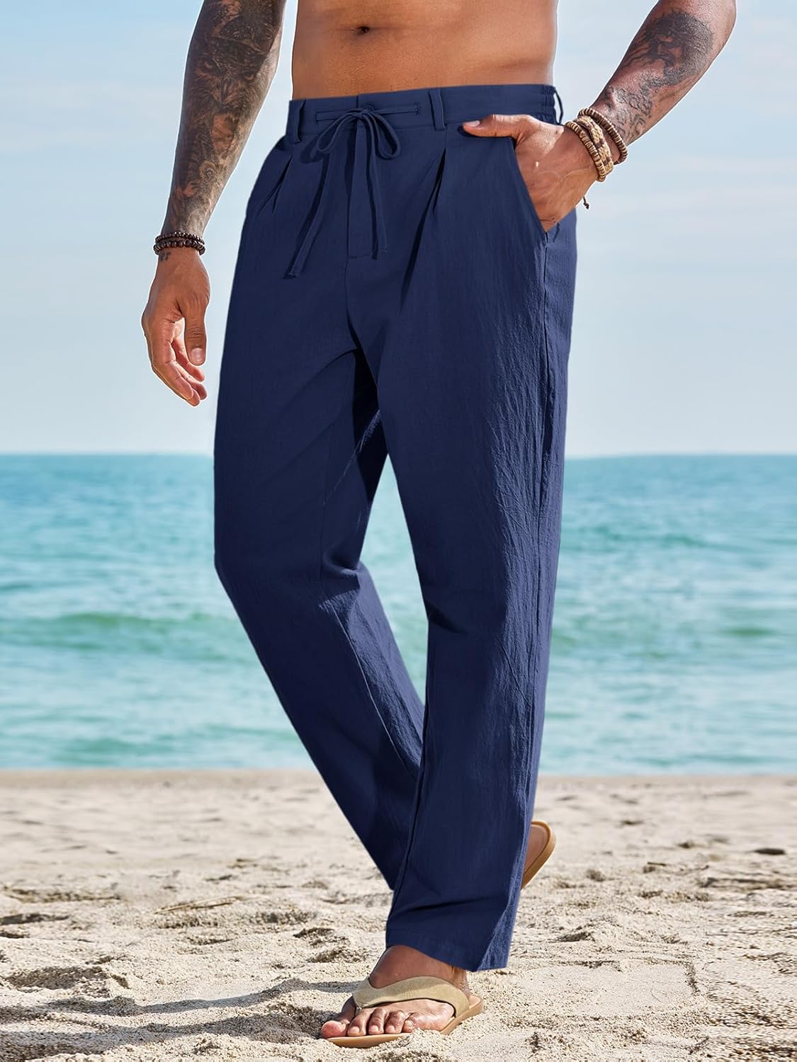 Runcati Mens Casual Pants Elastic Waist Drawstring Lightweight Pants Cotton Linen Summer Beach Yoga Trousers - Image 4